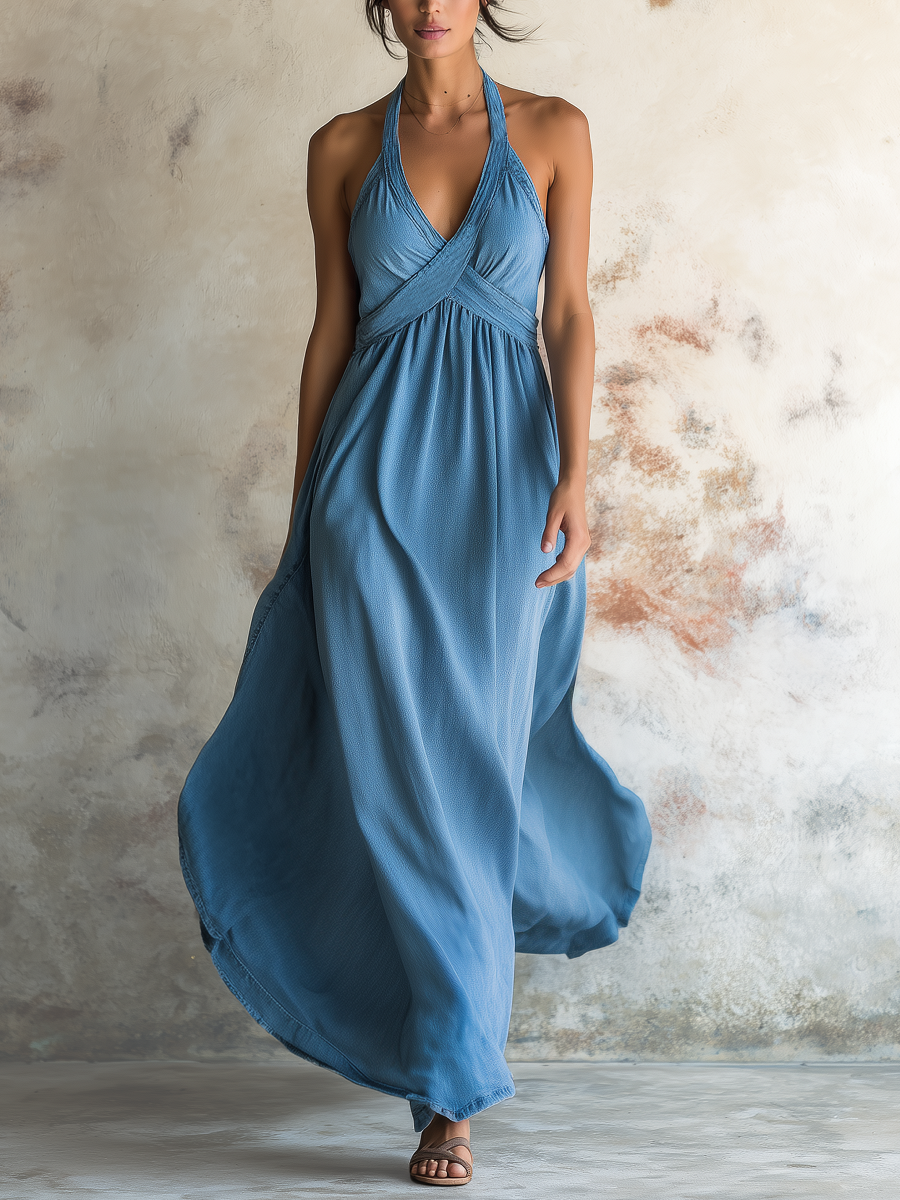 Halter V-Neck Denim Maxi Dress