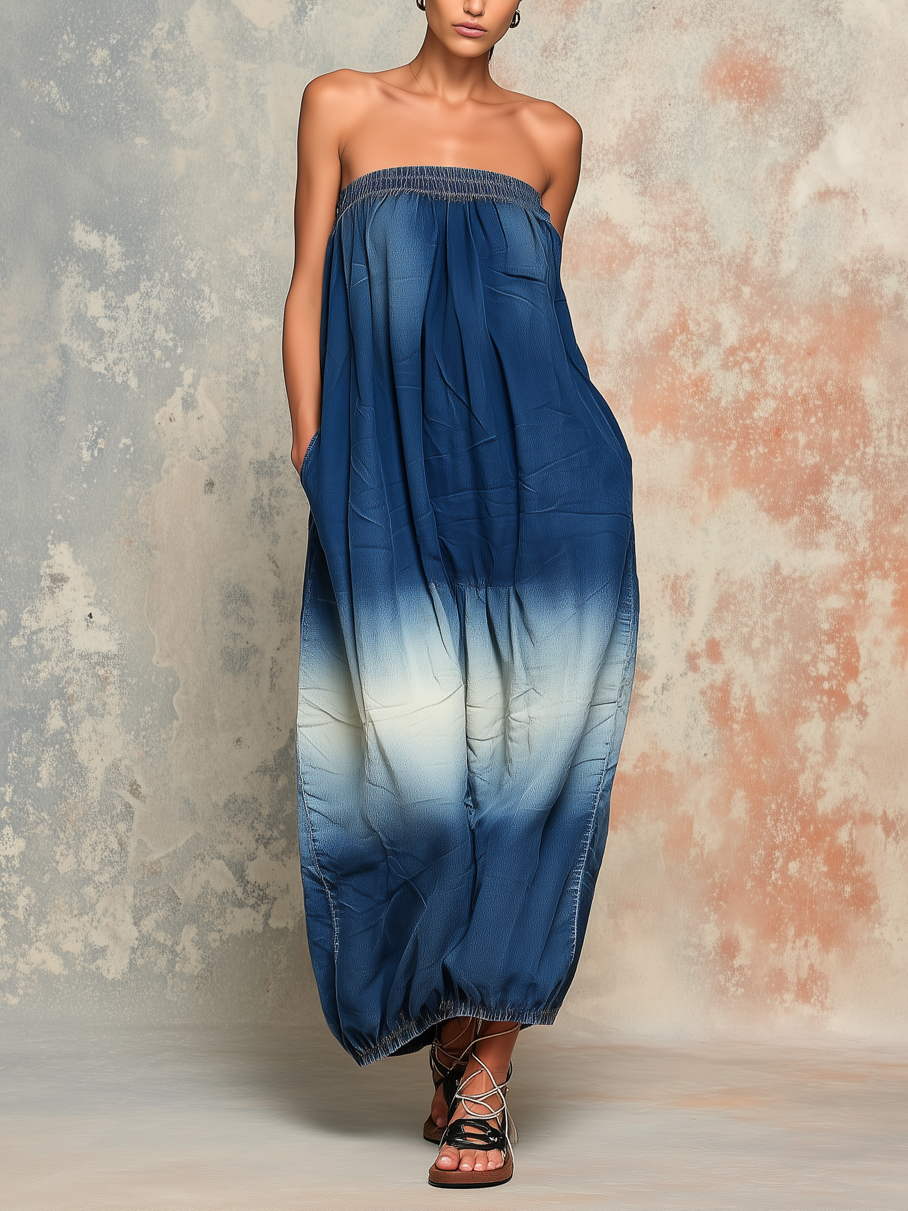 Strapless Ombre Denim Maxi Dress With Pocket Detail