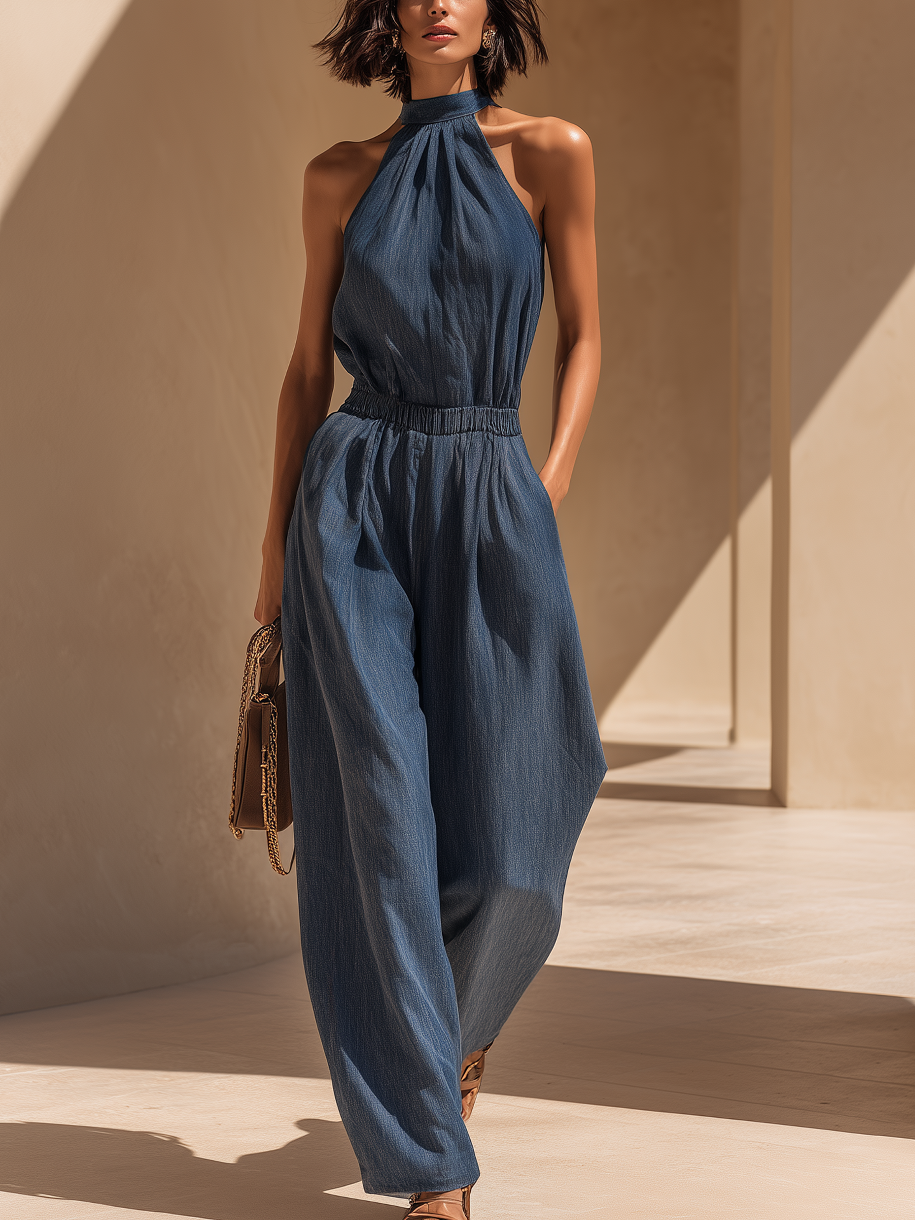 Halter Neck Denim Jumpsuit | Elastic Waist Wide Leg