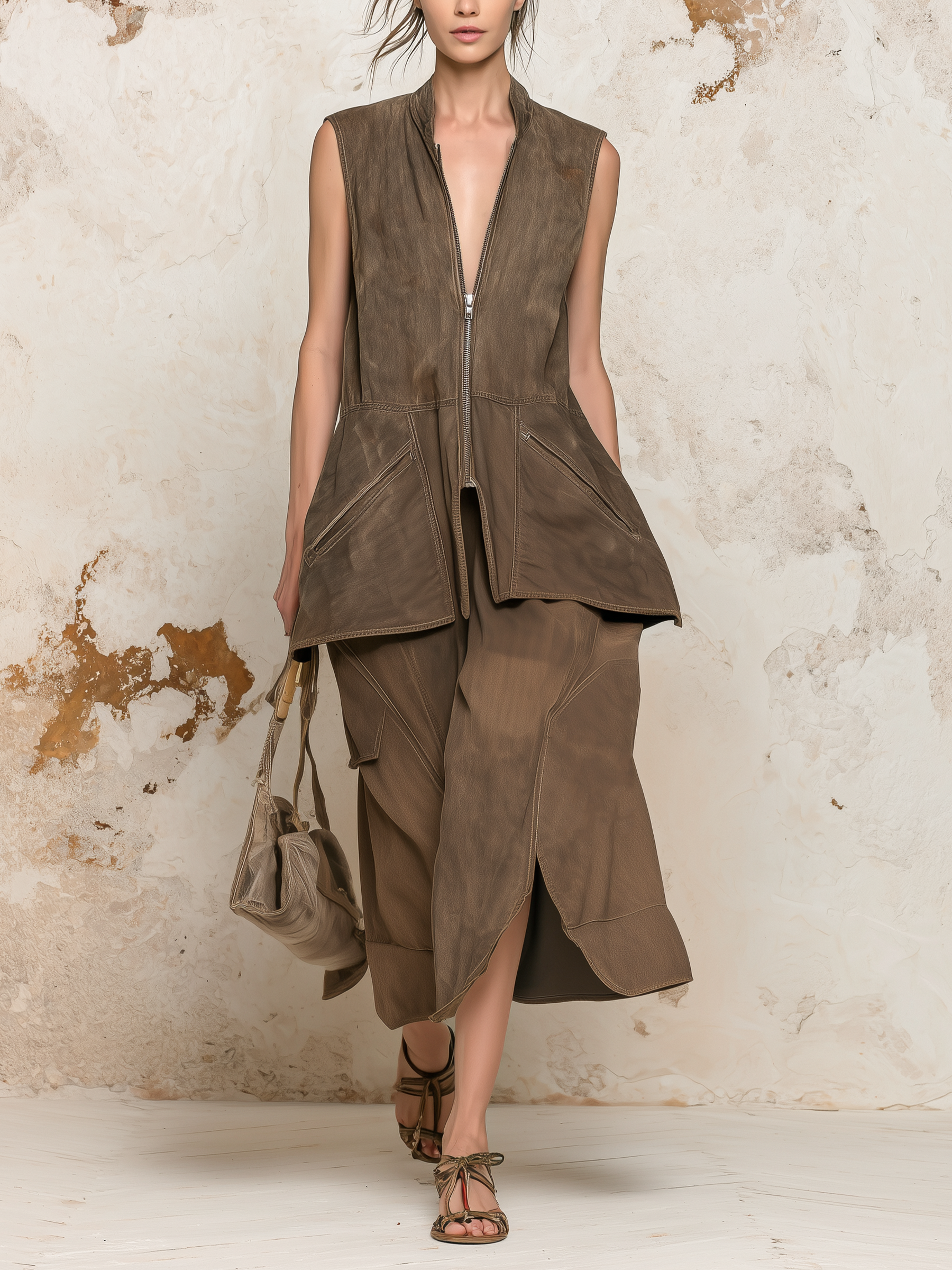 Sleeveless Zip-Front Vest & Wide-Leg Culottes Denim Set