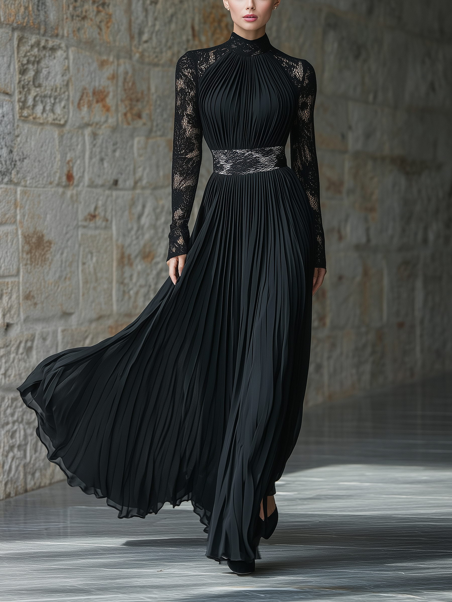 Black Pleated Maxi Dress With Lace Long Sleeves & Waist Accent