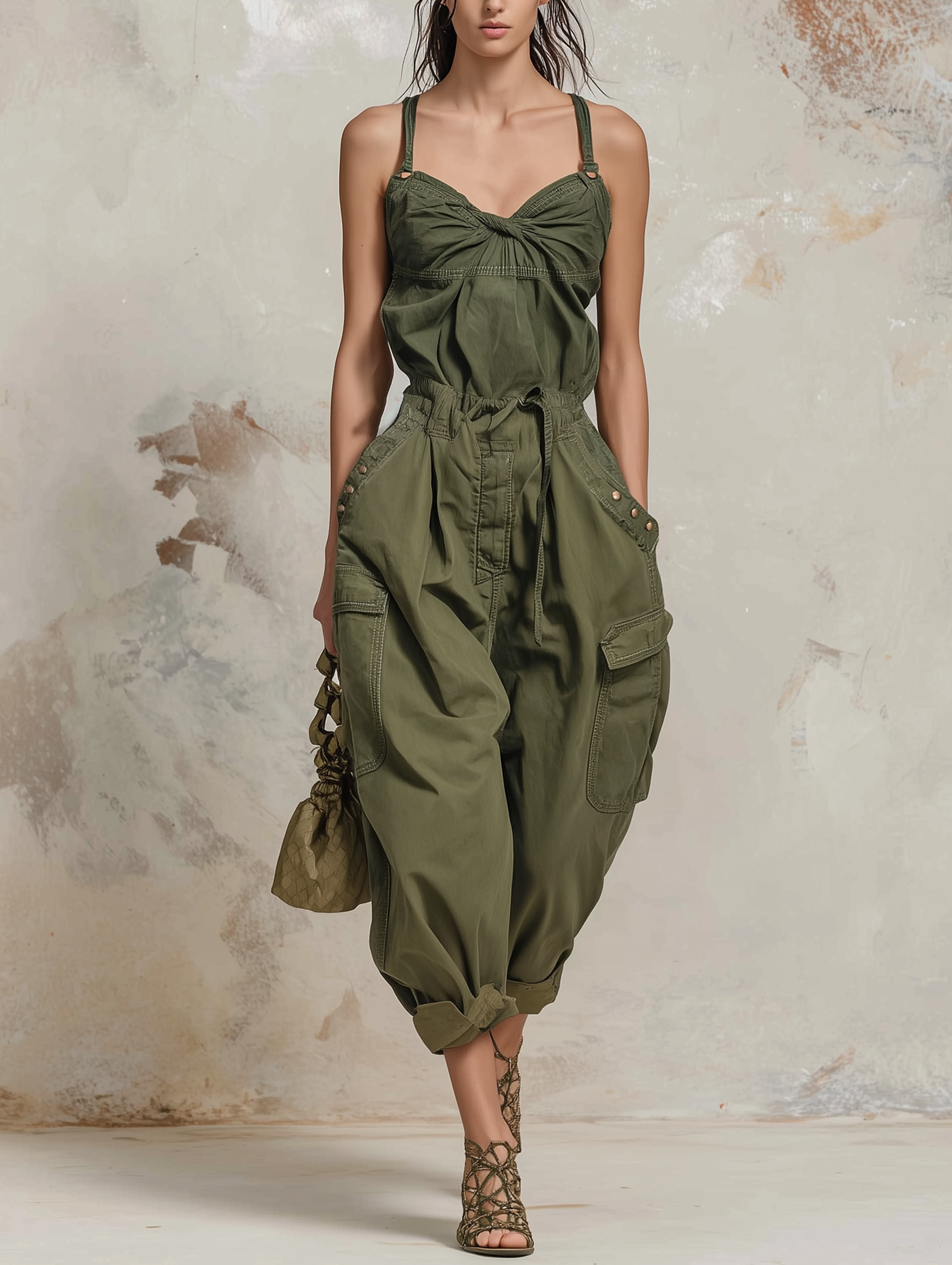 Utility Cargo Jumpsuit Adjustable Drawstring At The Waist