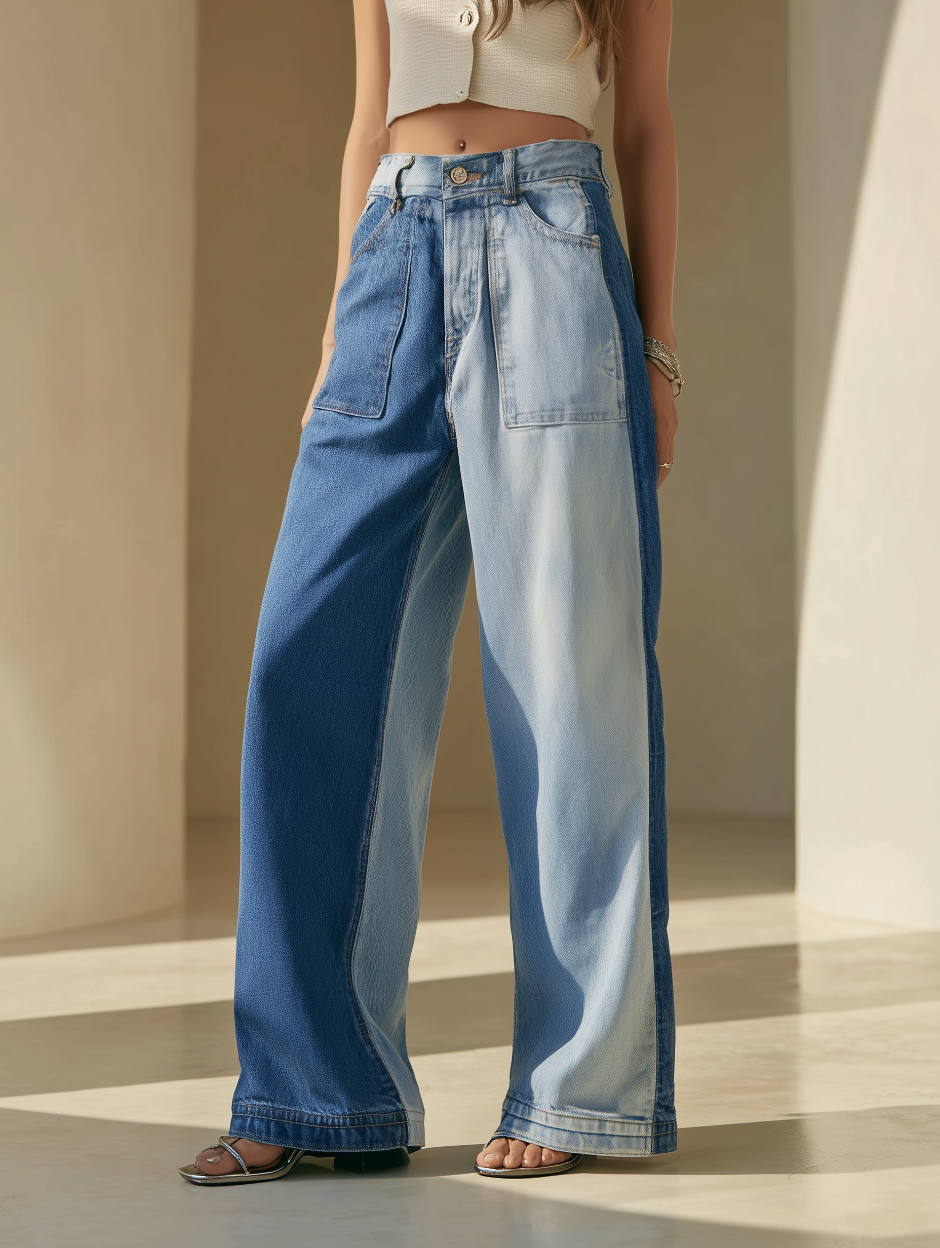 Two-Tone Patchwork Wide-Leg Jeans | High-Waisted Colorblock Denim Trousers