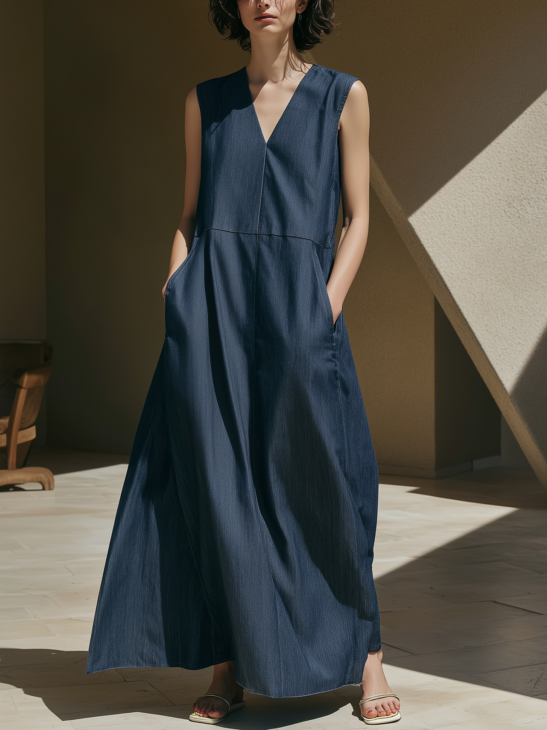 Dark Indigo Denim Sleeveless V-Neck Maxi Dress