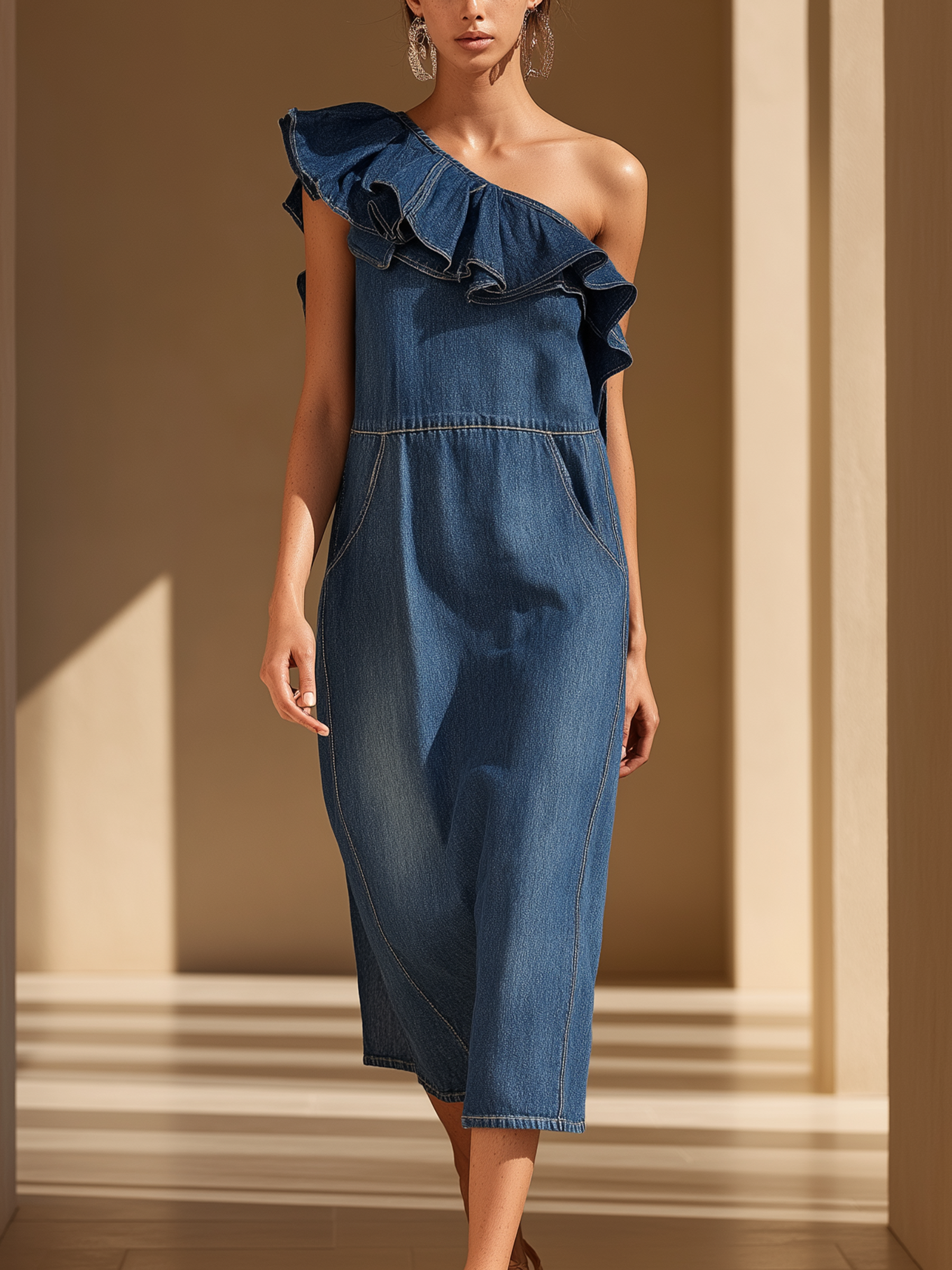 Mid Blue Ruffled One-Shoulder Denim Midi Dress