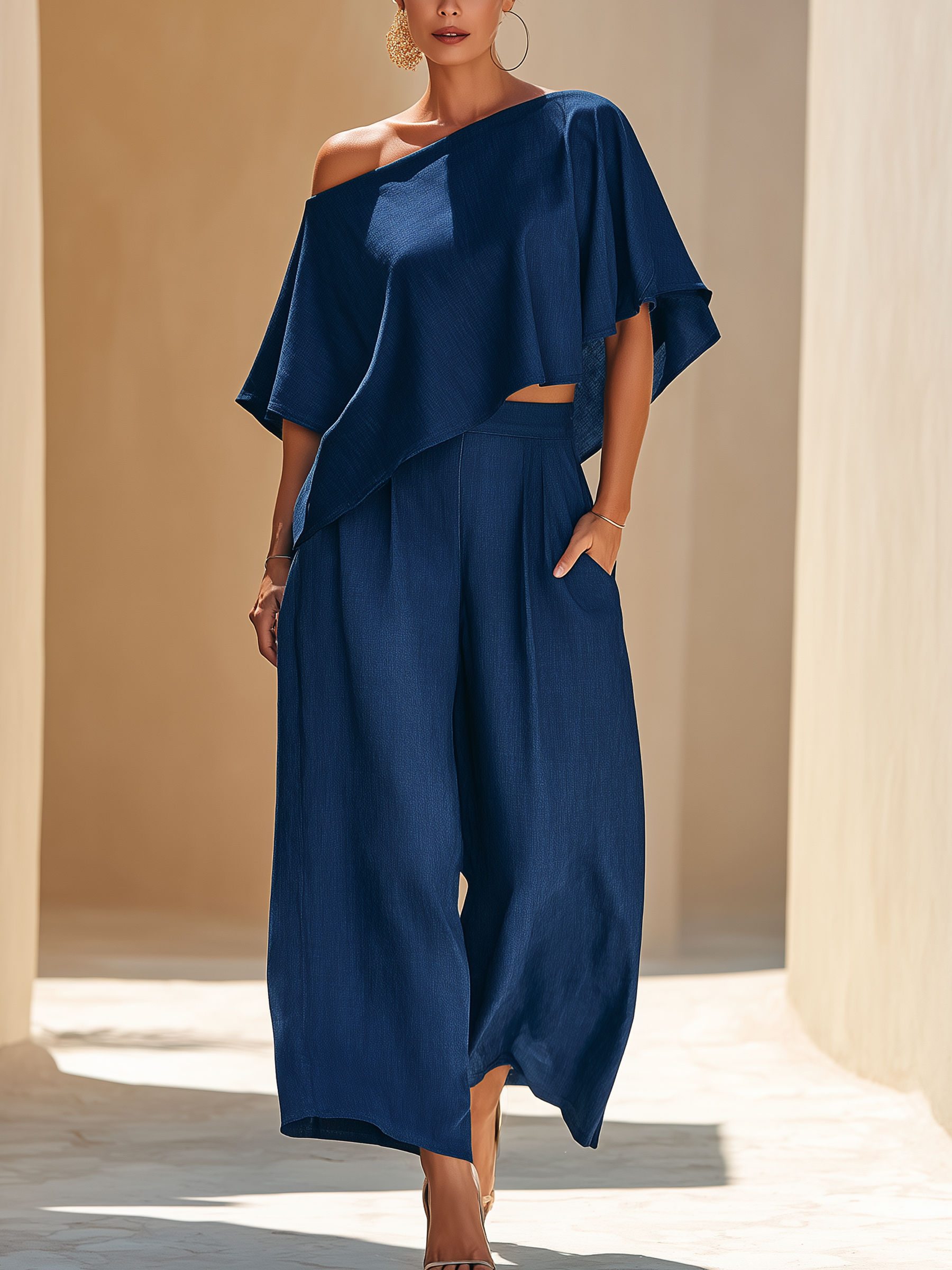 Asymmetrical Ruffle Top & Wide Leg Pants Denim Two-Piece Set