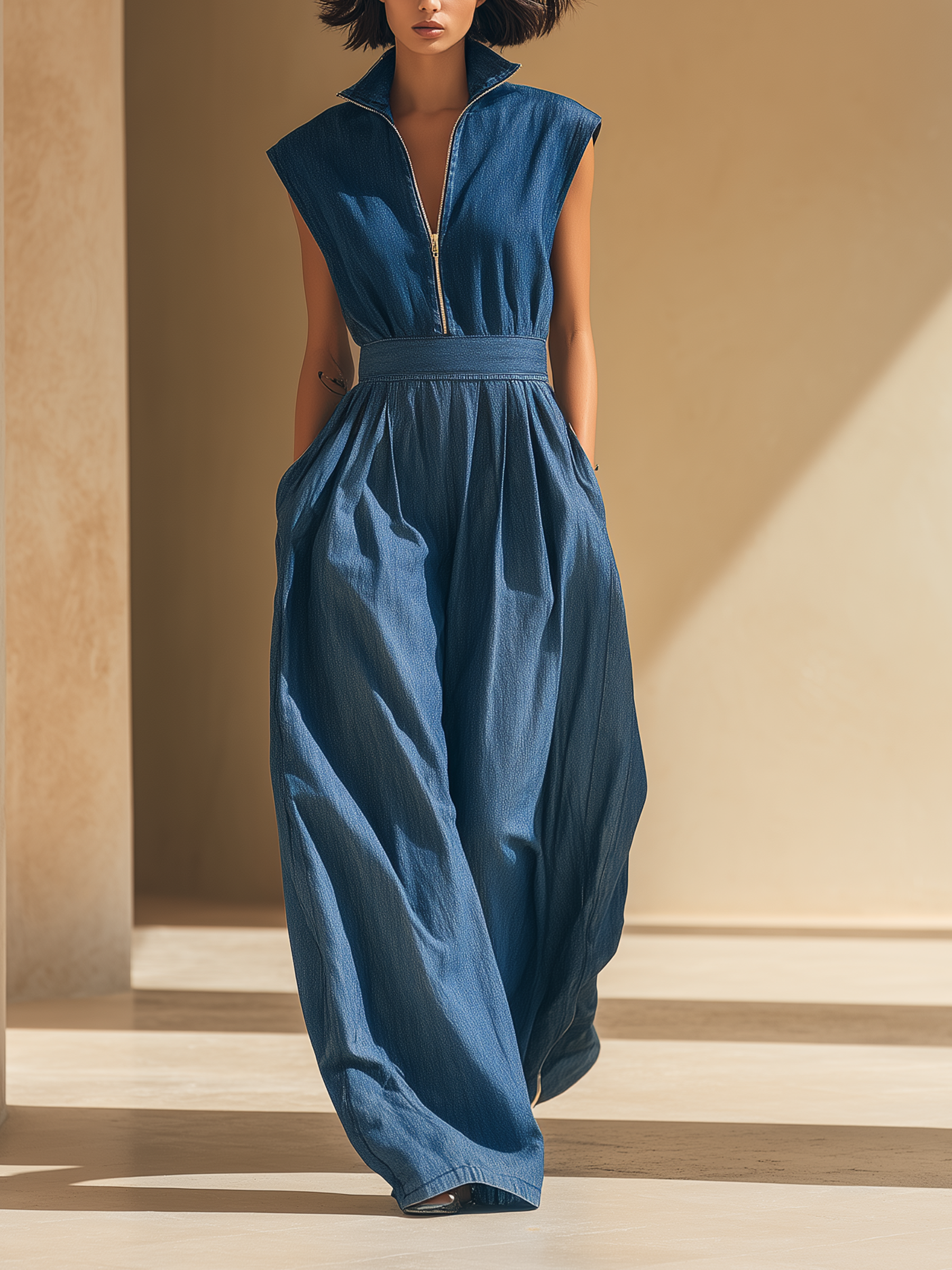 Midnight Blue Denim Sleeveless Zip-Front Wide-Leg Jumpsuit
