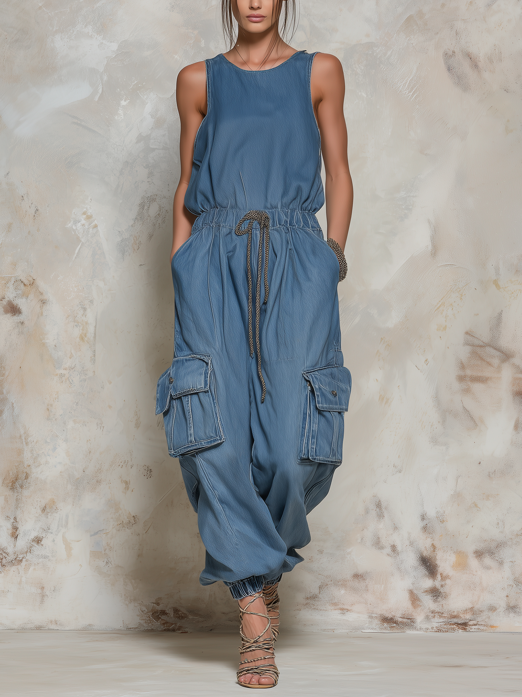 Sleeveless Cargo Denim Jumpsuit
