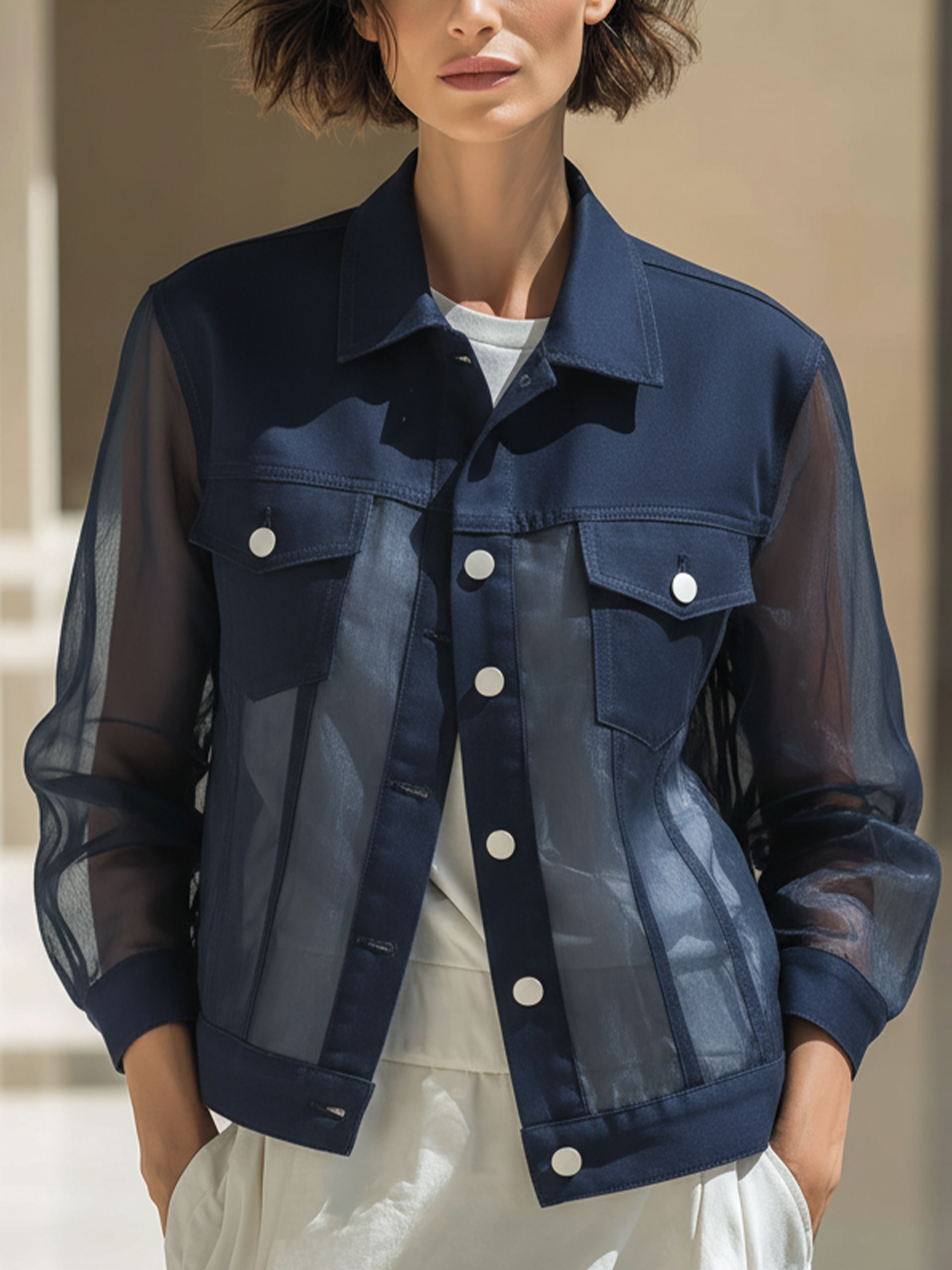 See-Through Mesh Panel Navy Blue Denim Jacket
