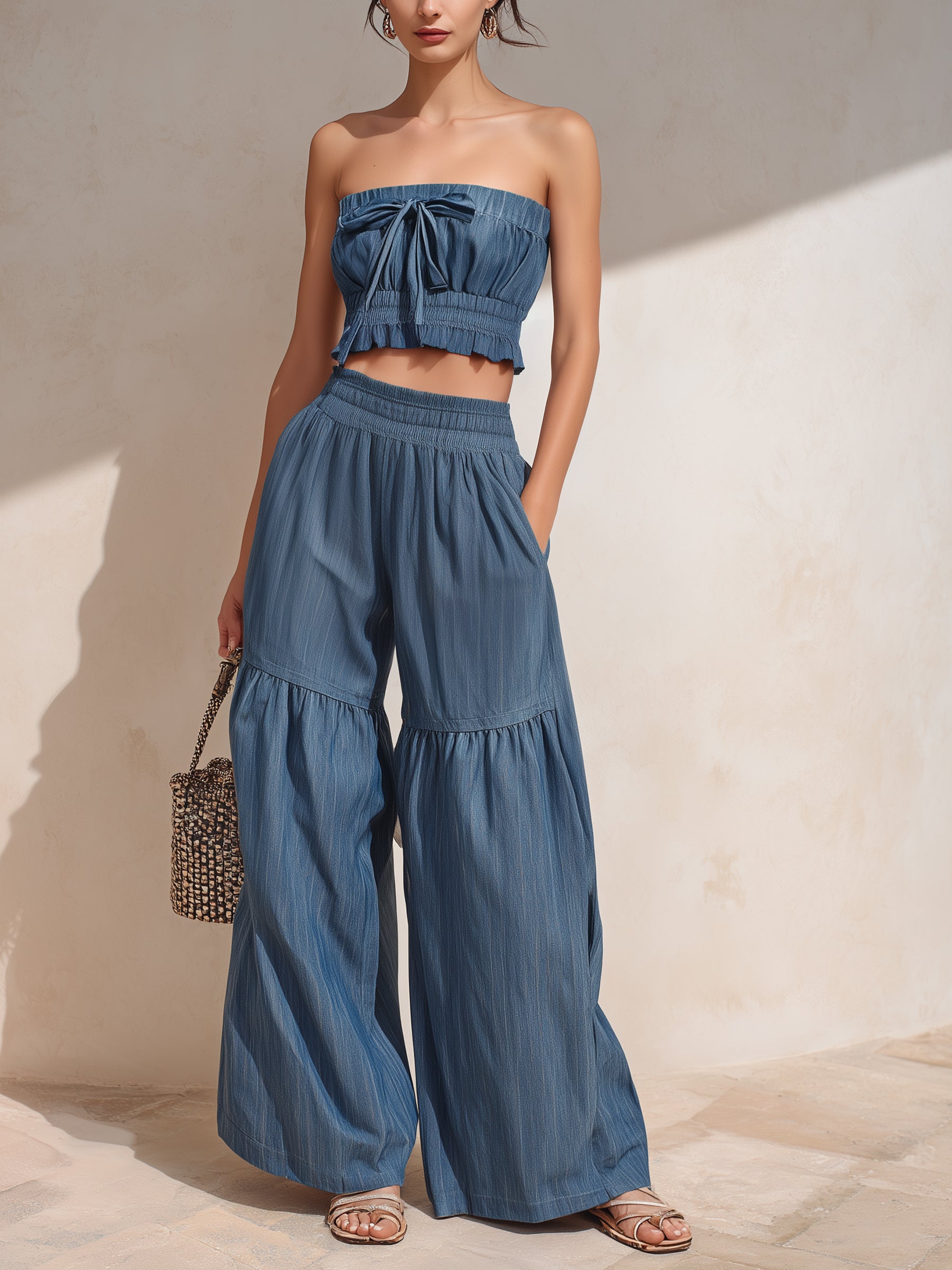 Tie-Front Top & Tiered Wide Leg Denim Co-ord Set
