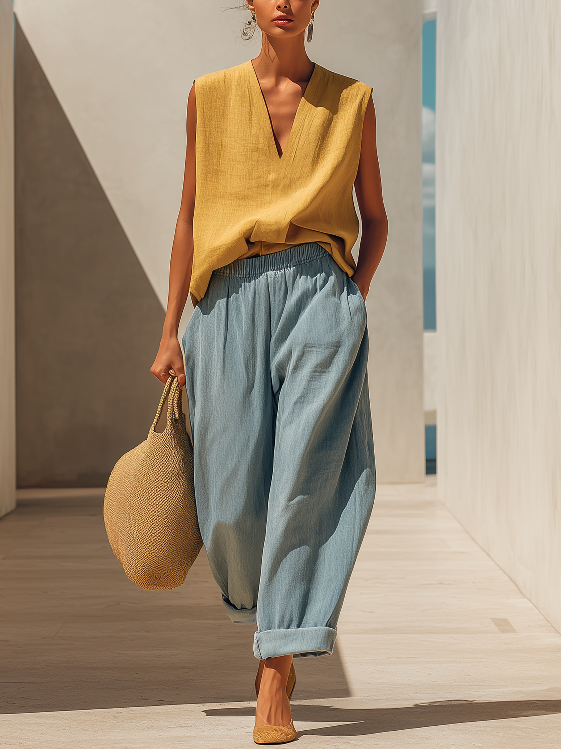 Linen-Blend Top & Lightweight Denim Two-Piece Set