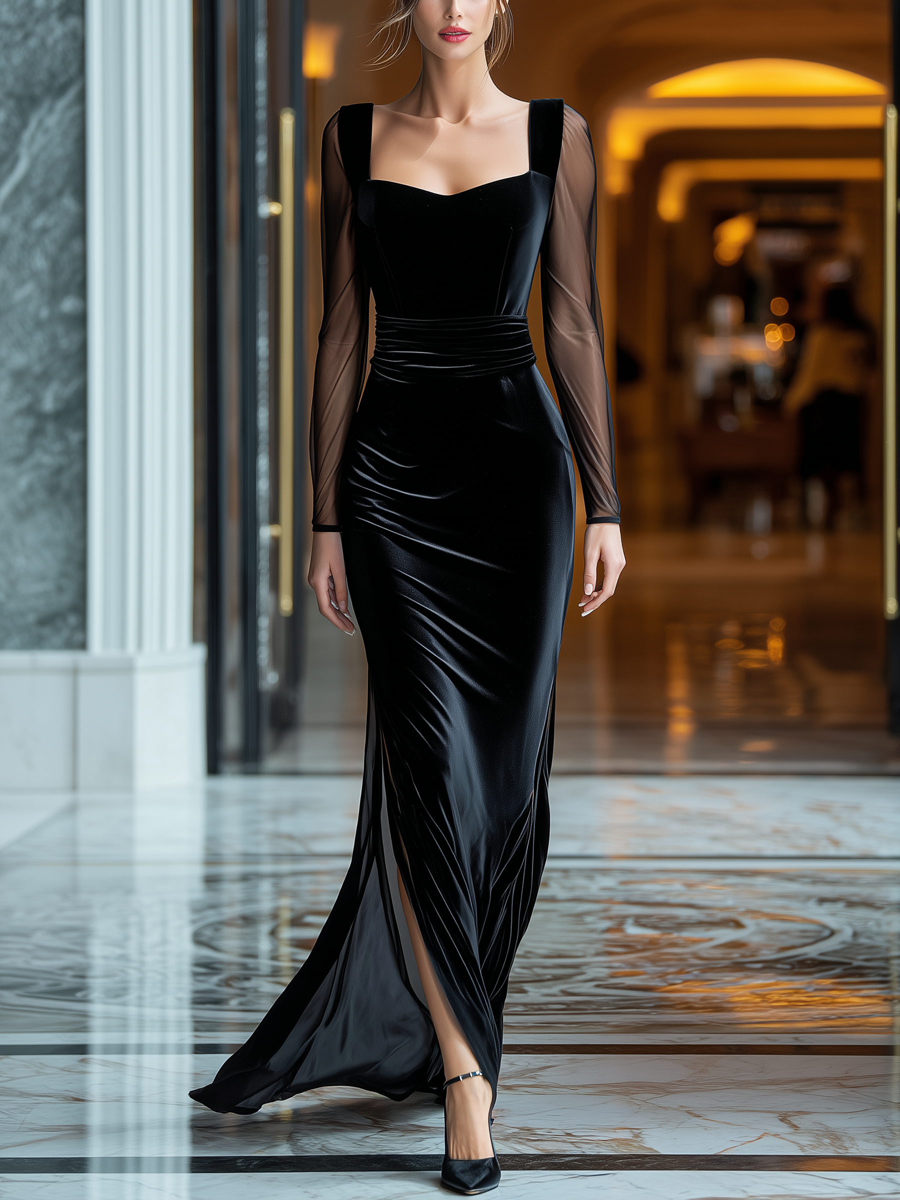 Black Velvet Maxi Dress With Sheer Mesh Sleeves