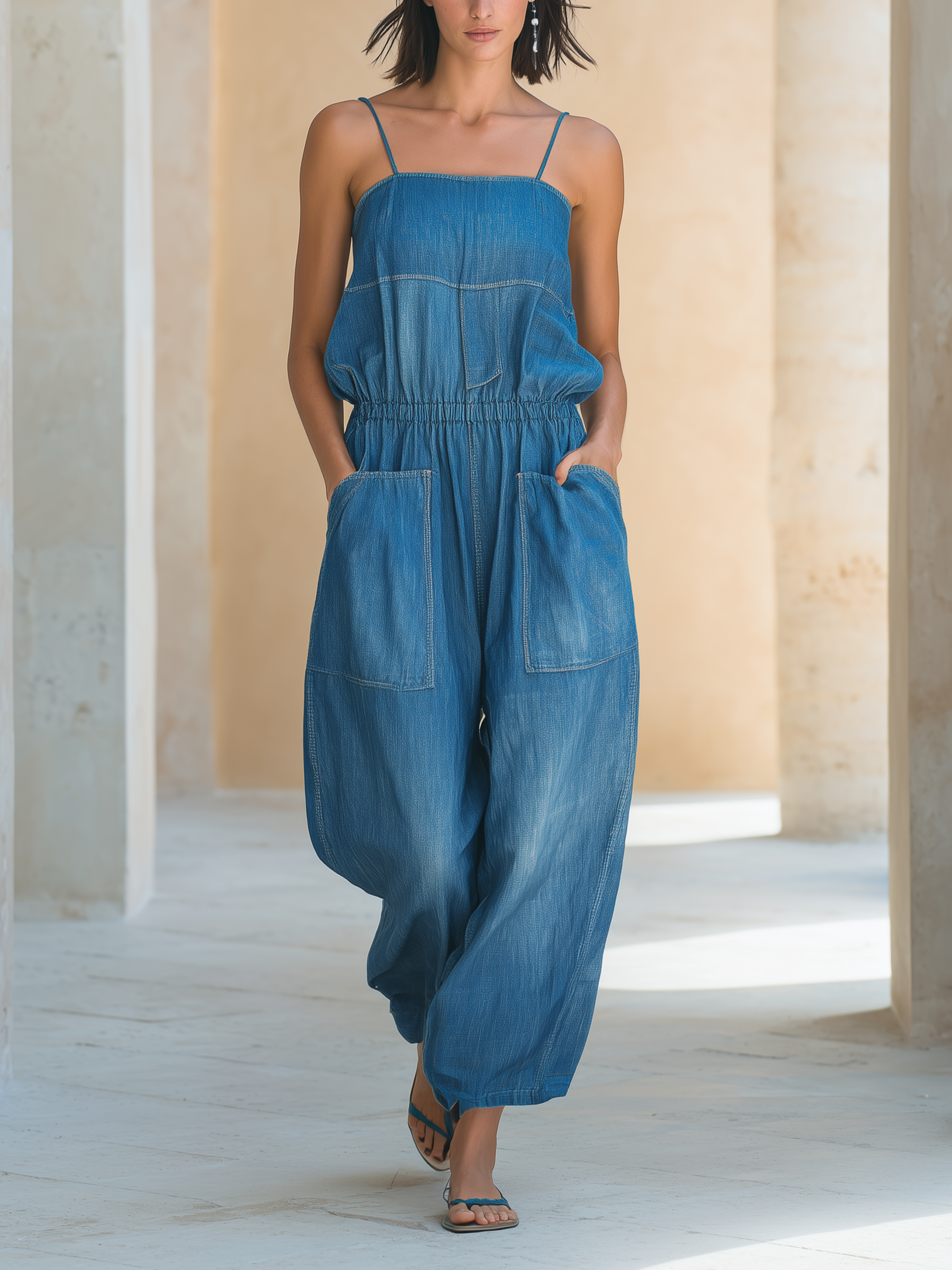 Light Wash Adjustable Strap Denim Jumpsuit With Patch Pockets