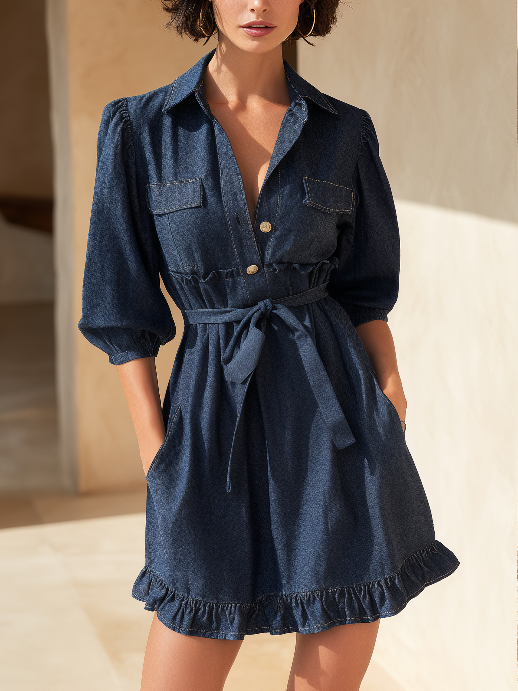 Navy Blue Tencel Denim Ruffled Shirt  Mini Dress