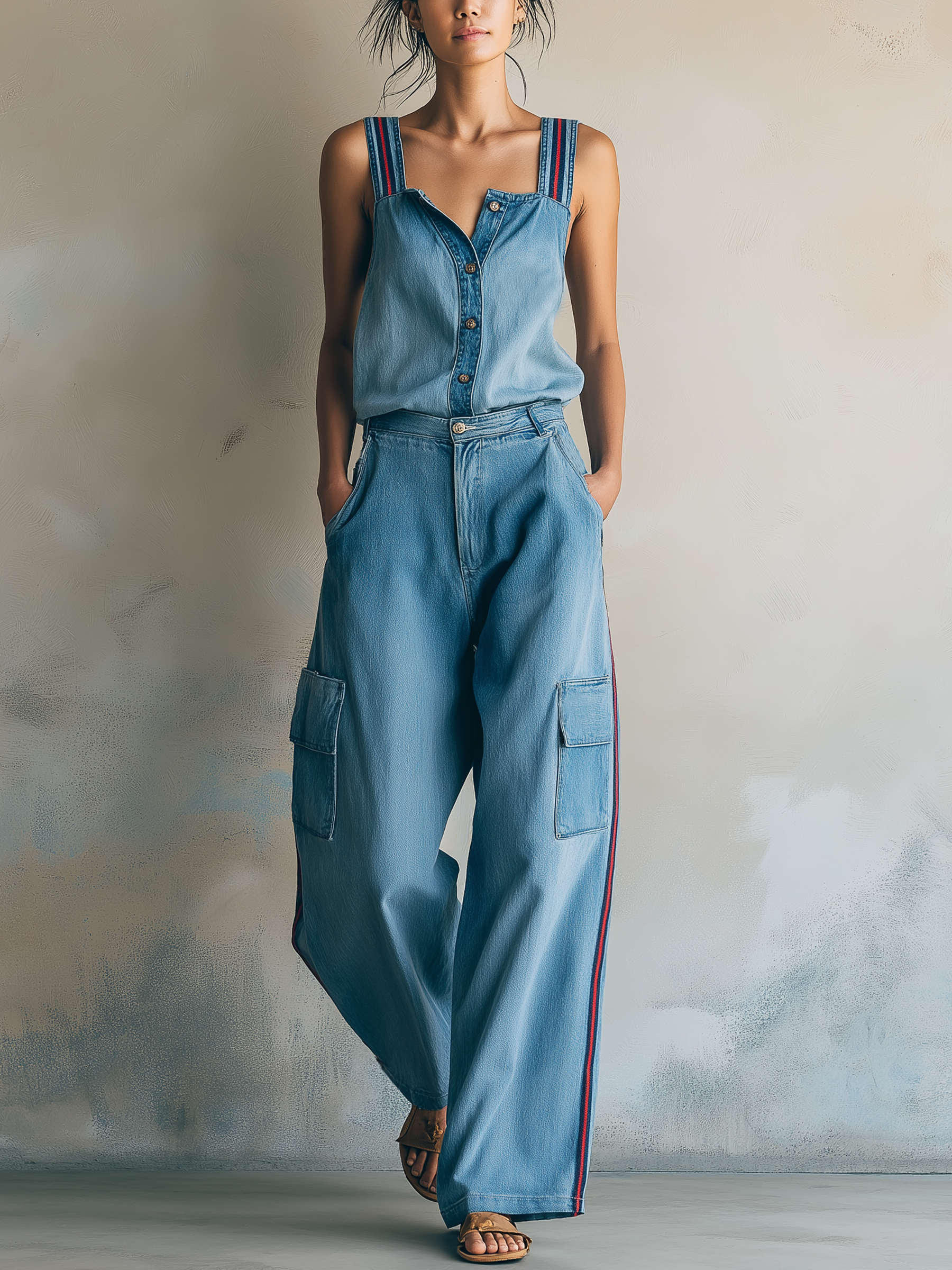 Striped Denim Two-Piece Set (Camisole + Cargo Pants)
