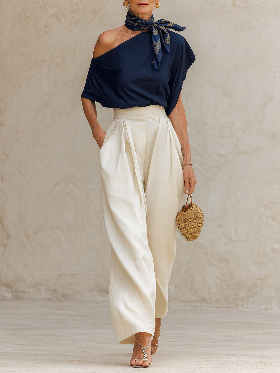 Chic One-Shoulder Top & Cotton-Linen Trousers Set (Includes Scarf)