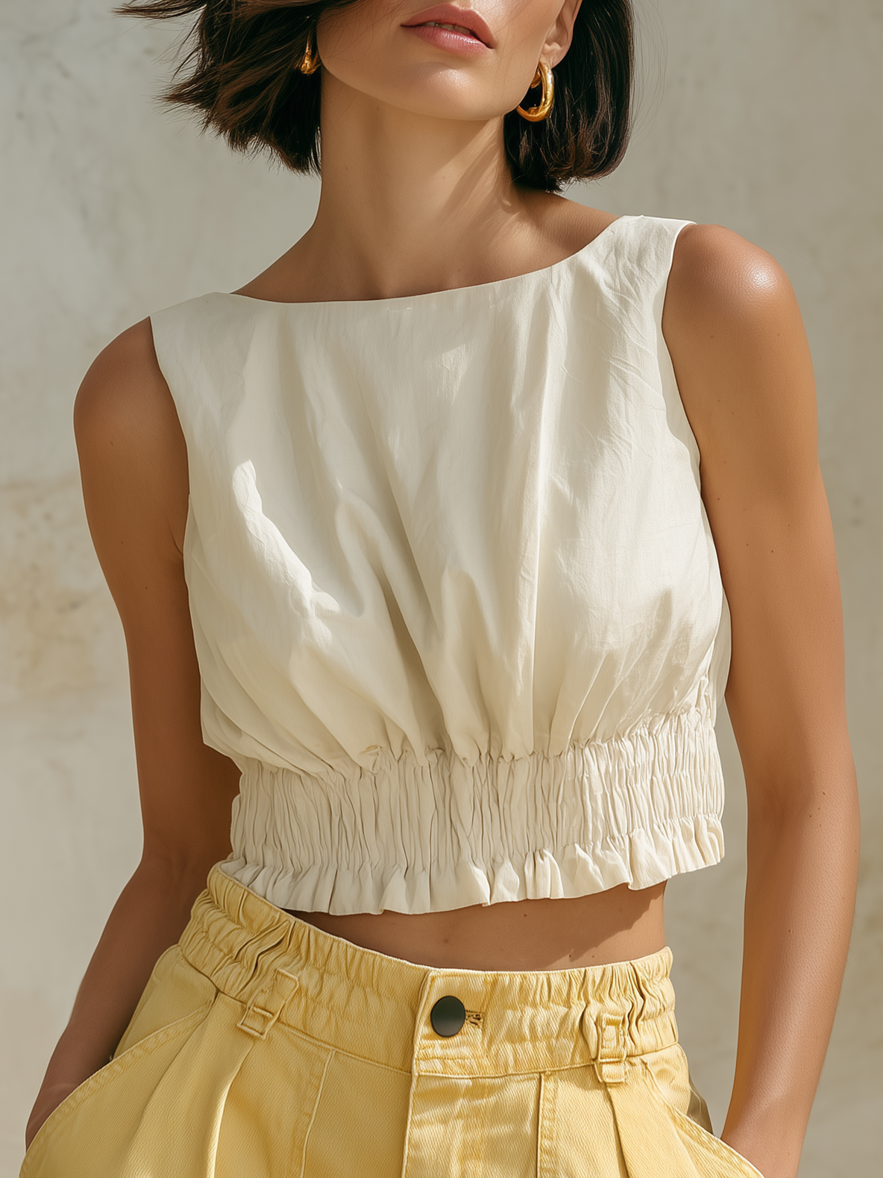 Cream Cotton Smocked Crop Top