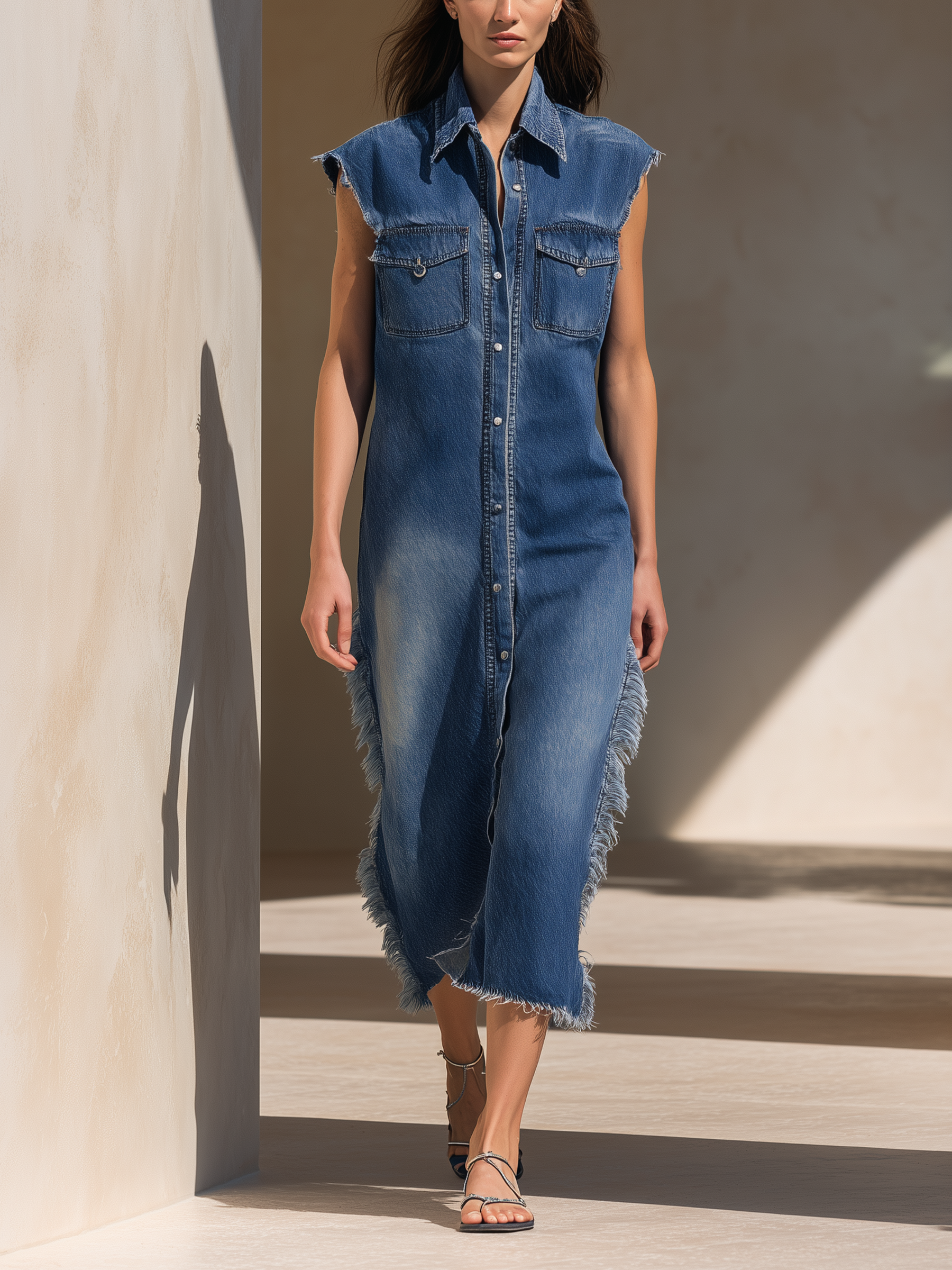 Mid Blue Sleeveless Frayed Denim Shirt Dress