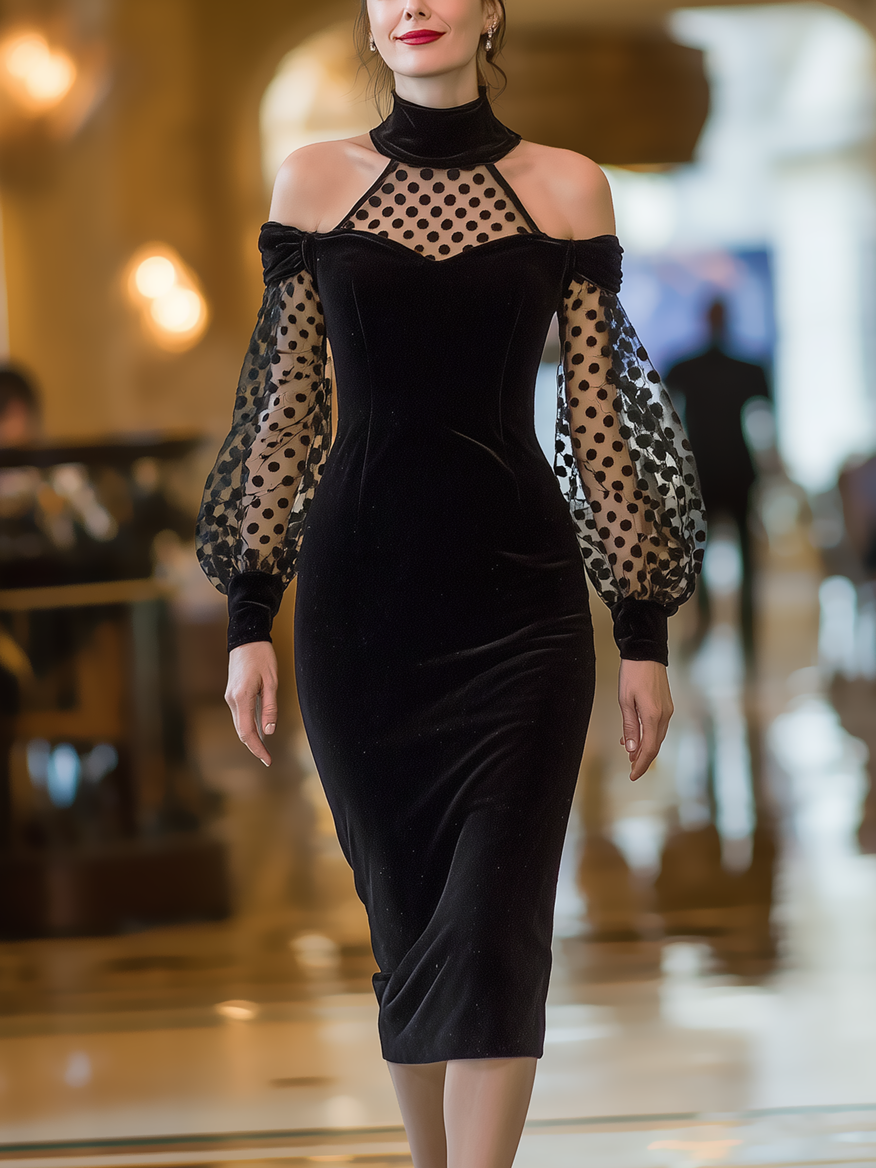 Vintage Black Velvet Polka Dot Mesh Maxi Dress - Off-Shoulder Halter Neck Puff Sleeve Slim Fit Dress