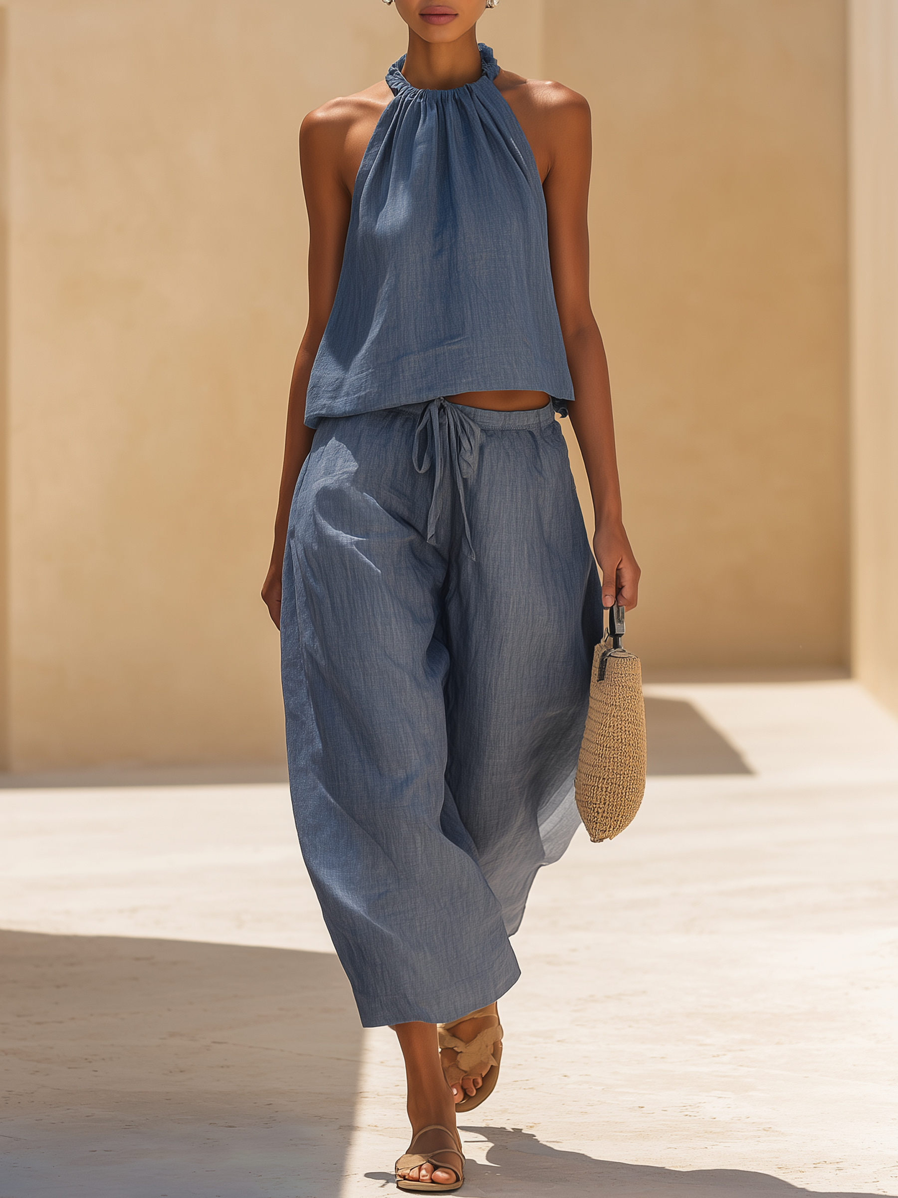 Halter Neck Cropped Denim Co-ord Set