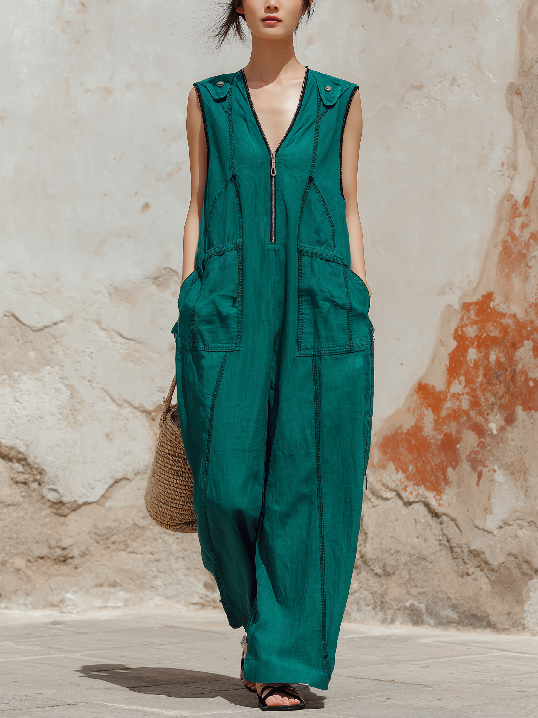 Sleeveless Zip-Front Utility Denim Jumpsuit