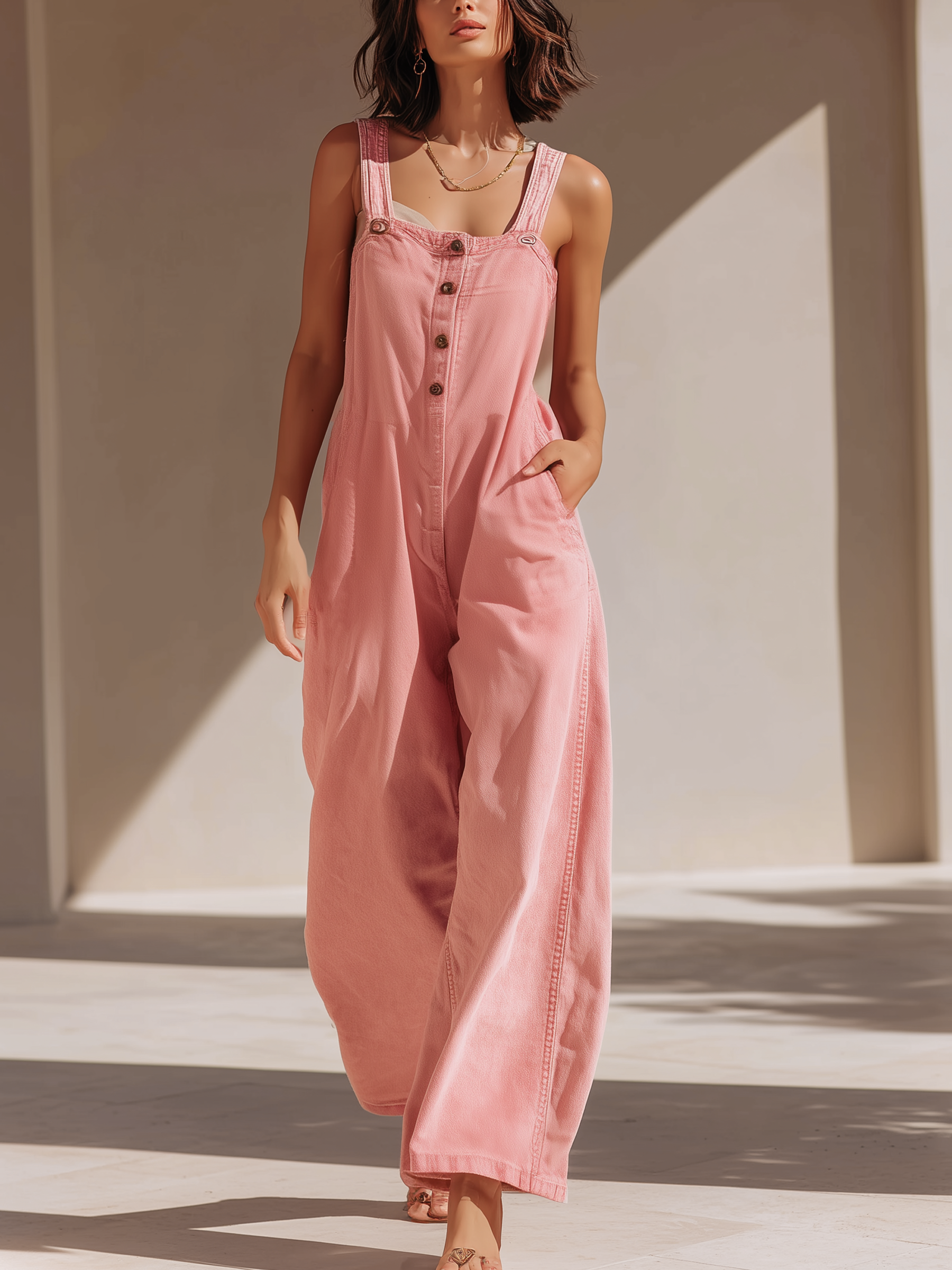 Pink Washed Denim Wide-Leg Overalls Jumpsuit