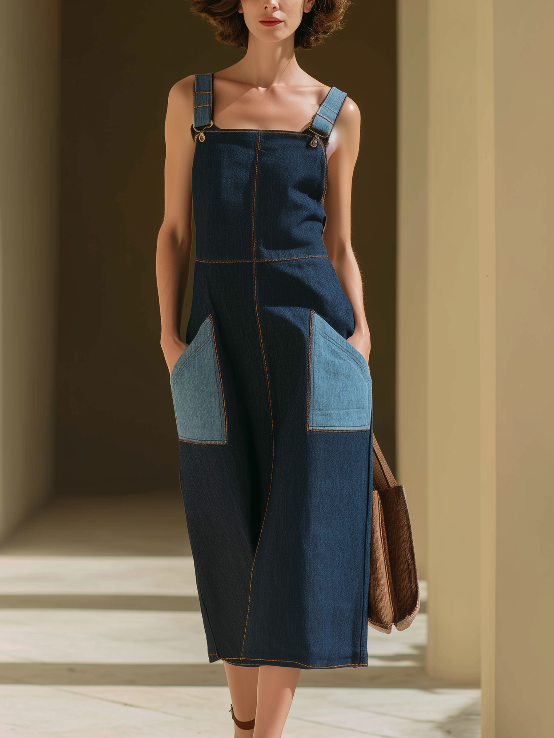 Two-Tone Denim Midi Overall Dress With Contrast Pockets