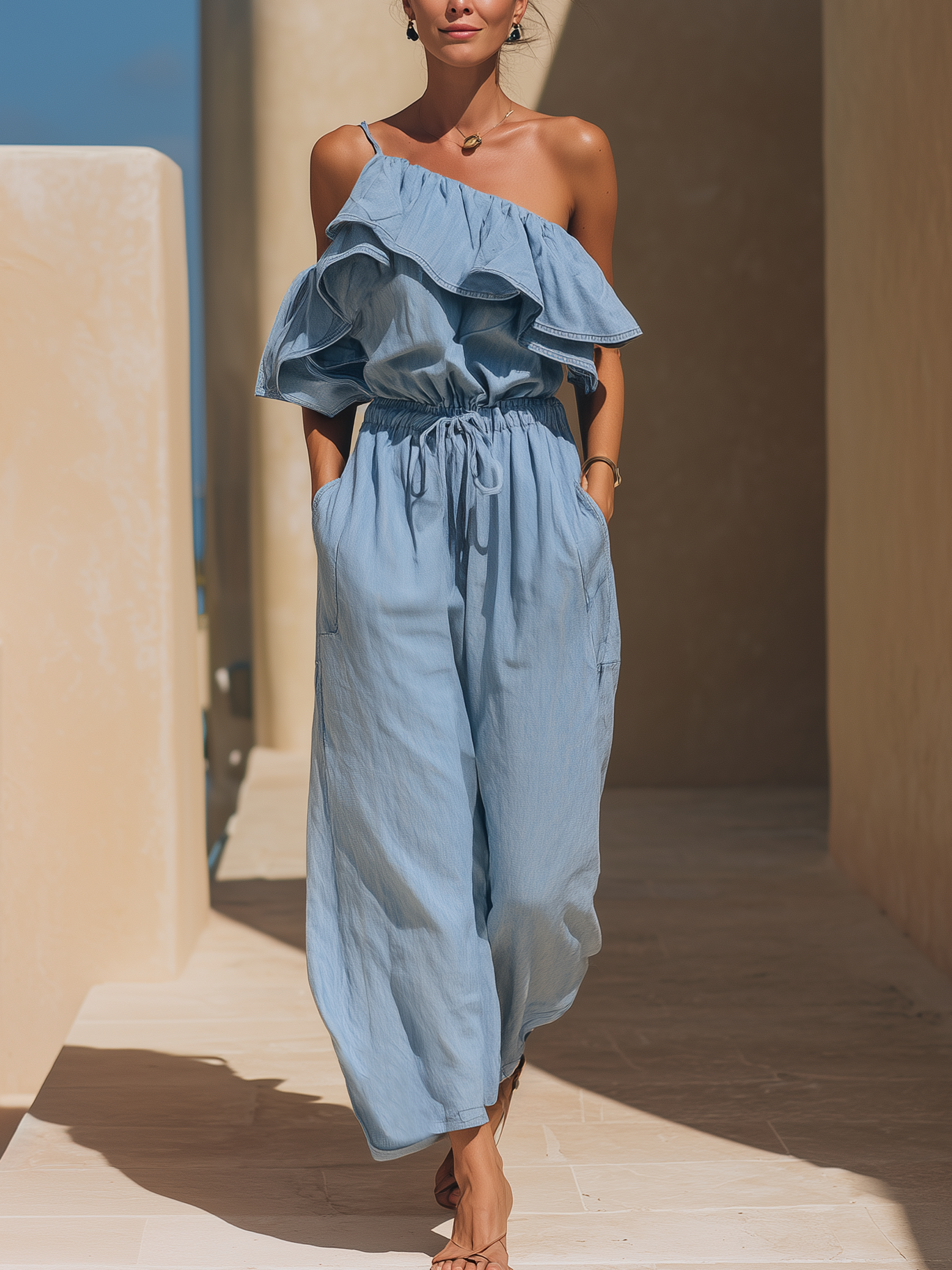 Light Blue Chambray One-Shoulder Ruffle Jumpsuit