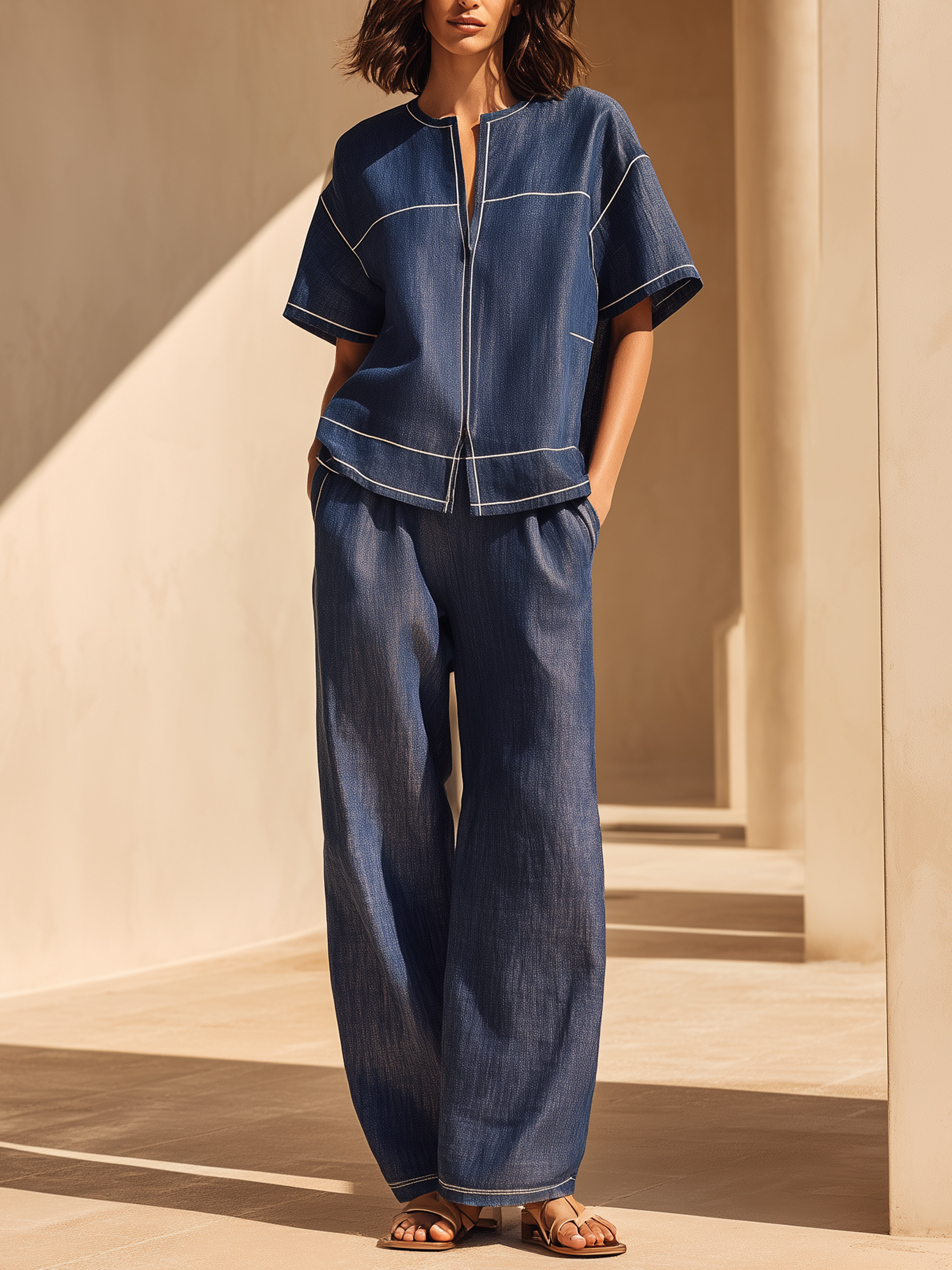 Contrast Stitch Denim Shirt & Wide-Leg Pants Set