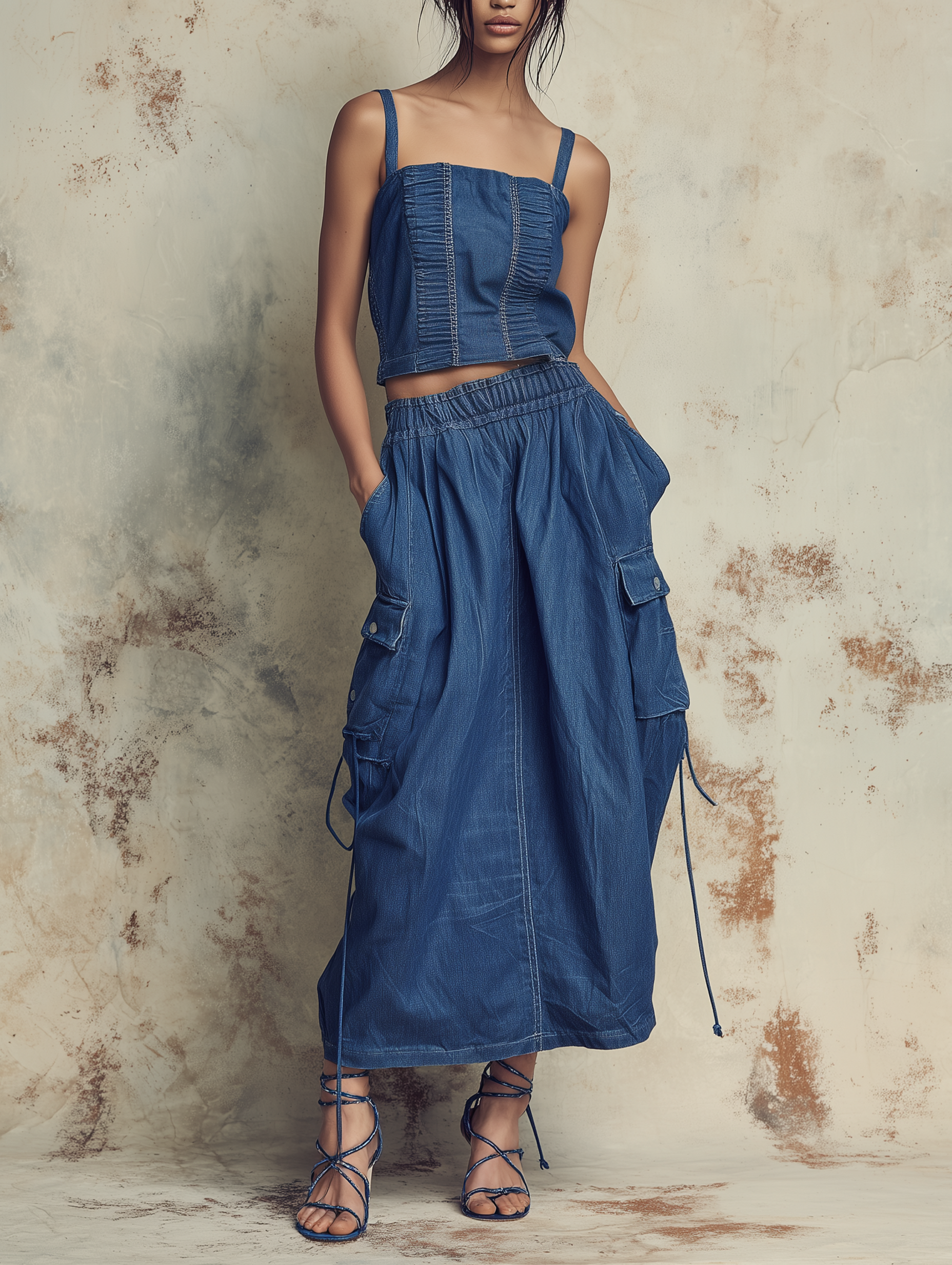 Ruched Denim Two-Piece Set With Utility Pockets