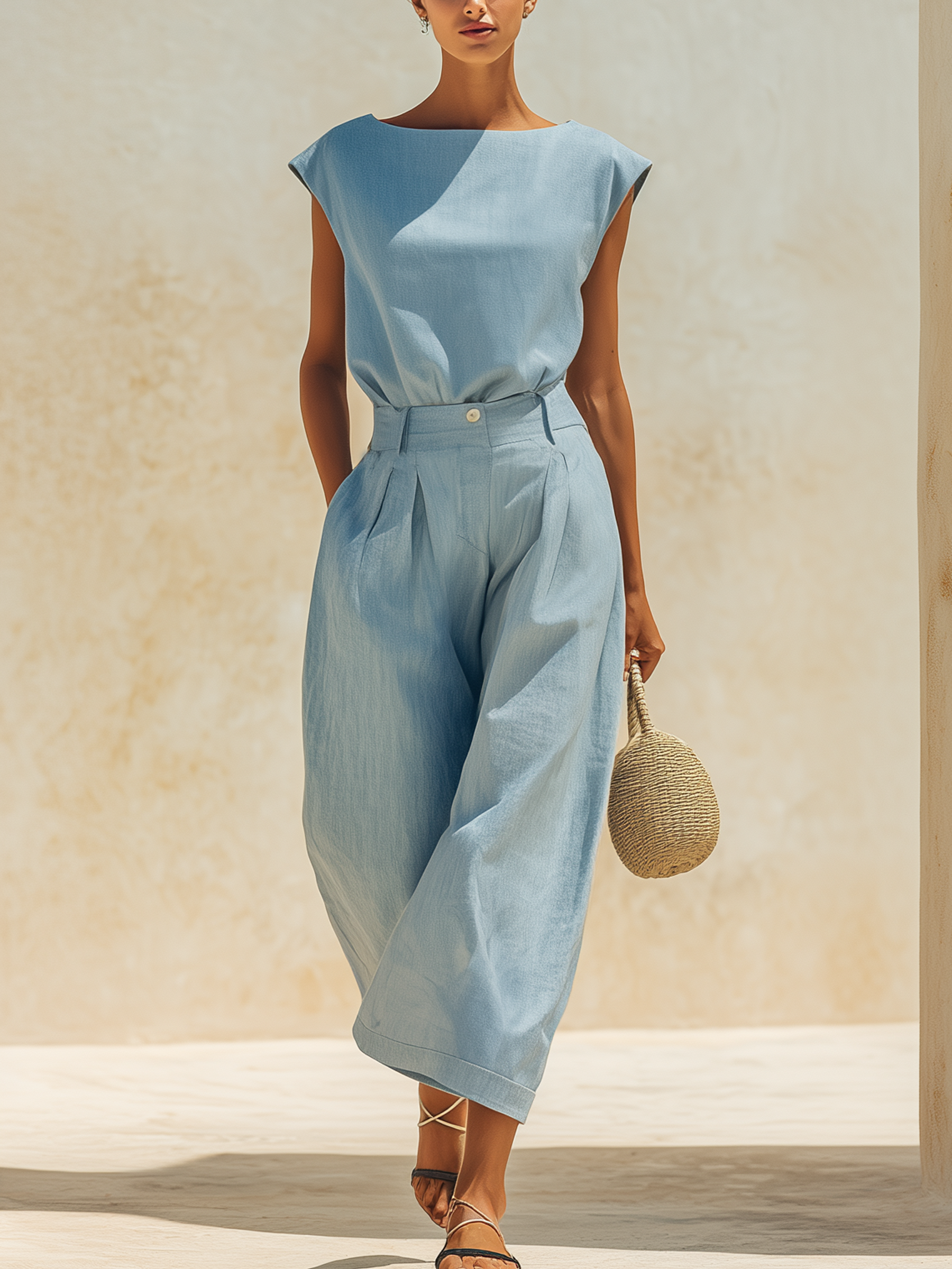 Tencel Denim Two-Piece Set: Cap Sleeve Top & High-Waist Culottes