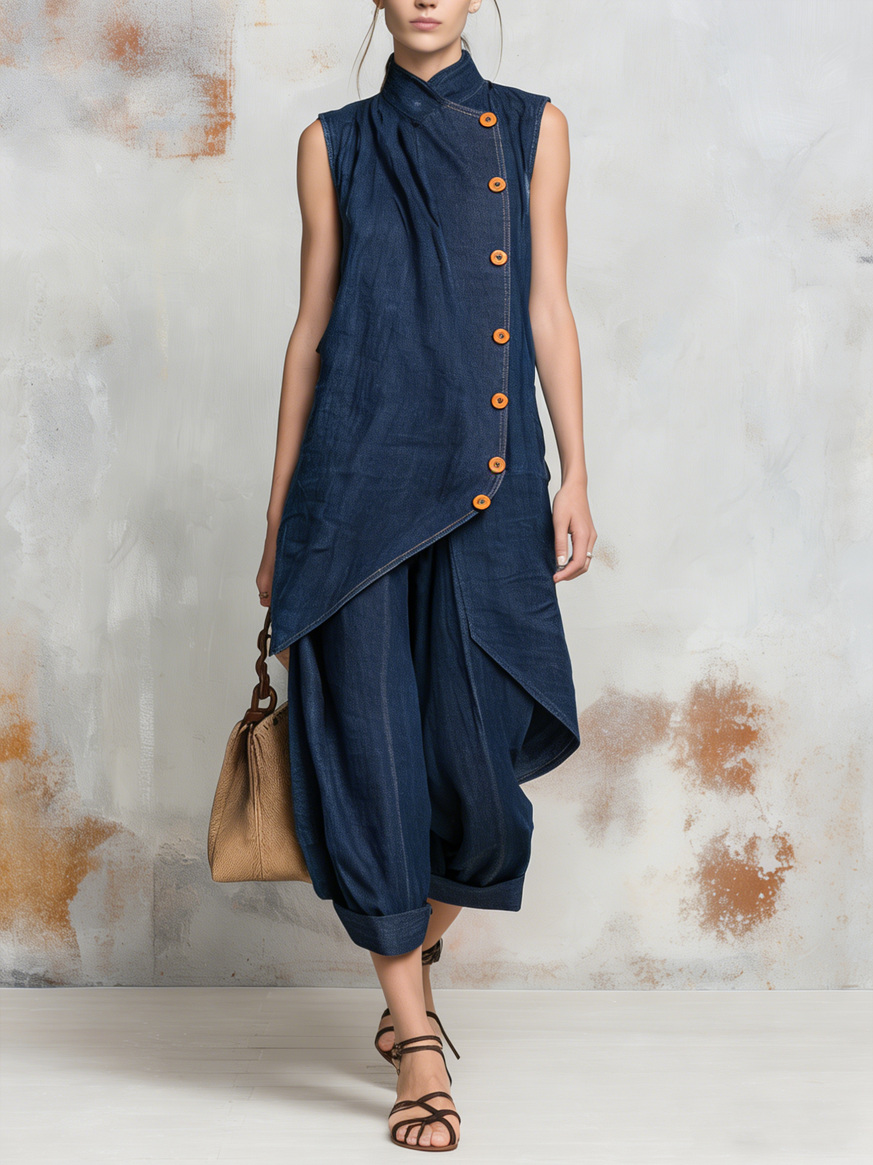 Asymmetrical Denim Tunic & Harem Pants Two-Piece Set