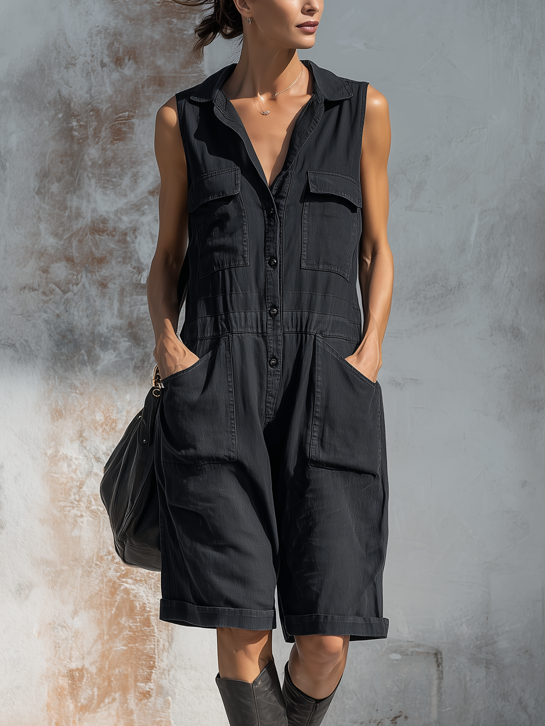 Sleeveless Collared Utility Denim Romper