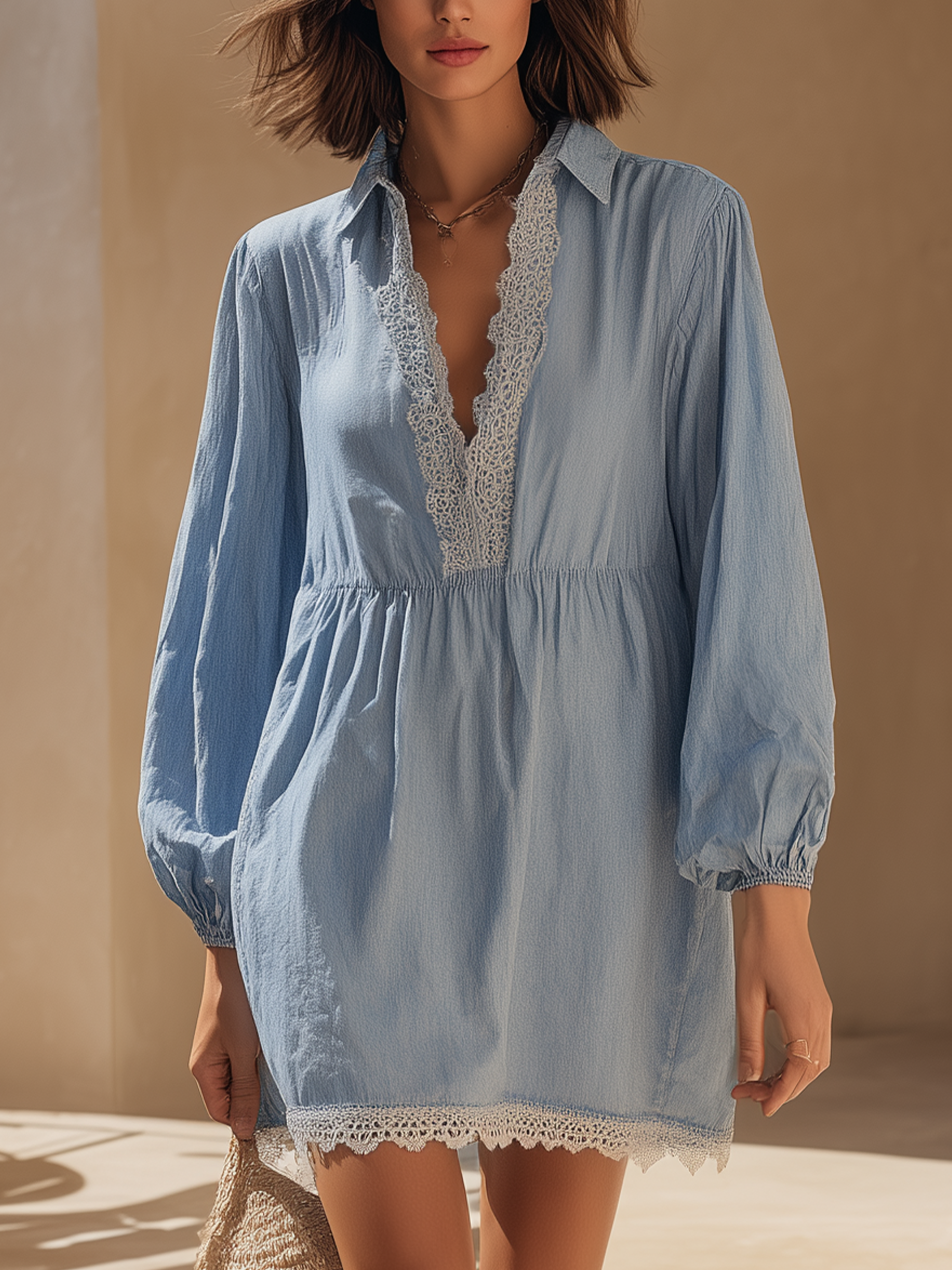 Lace-Trimmed Denim Mini Dress With V-Neck And Relaxed Fit