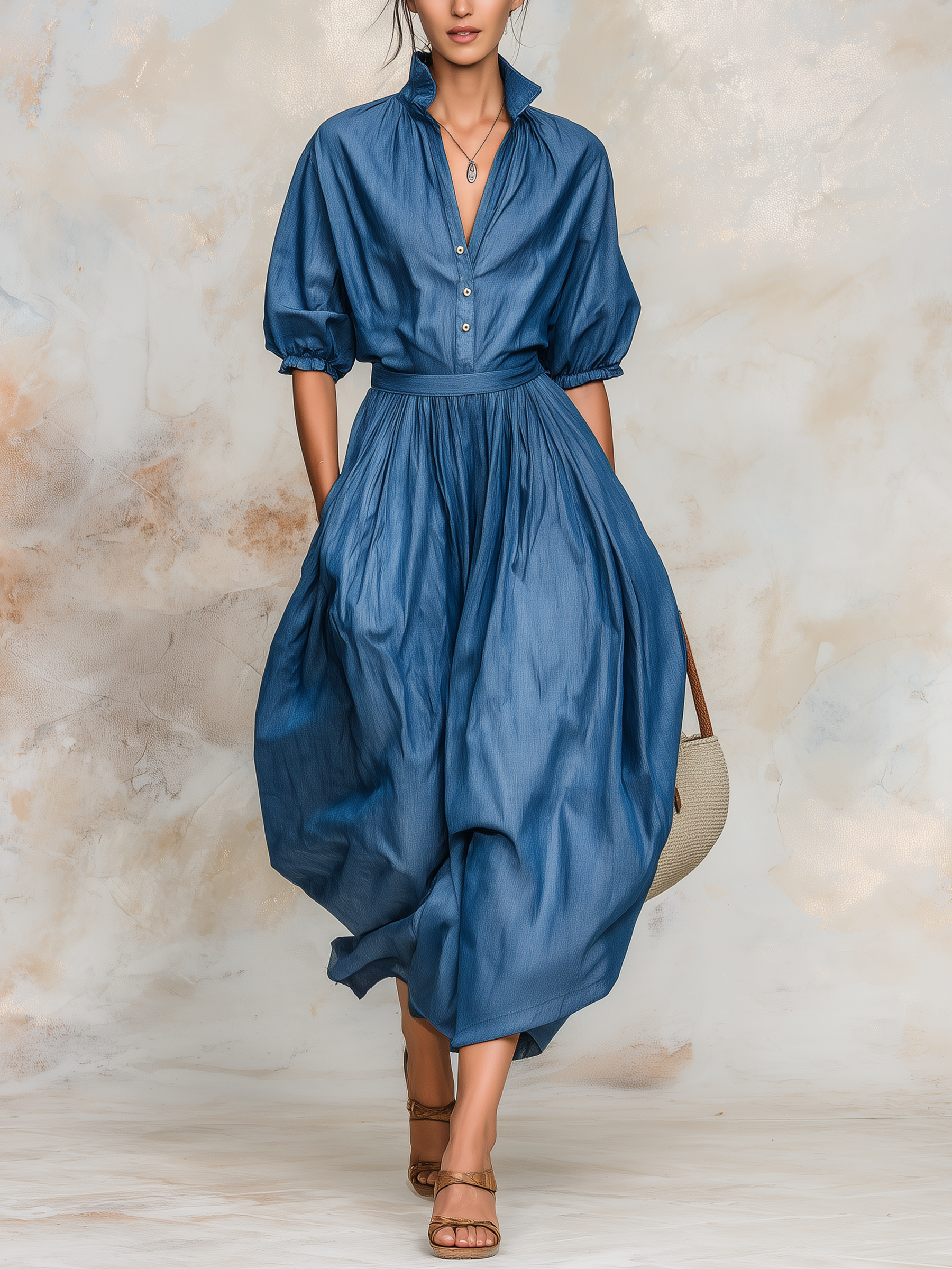 Puff Sleeve Belted Denim Midi Dress