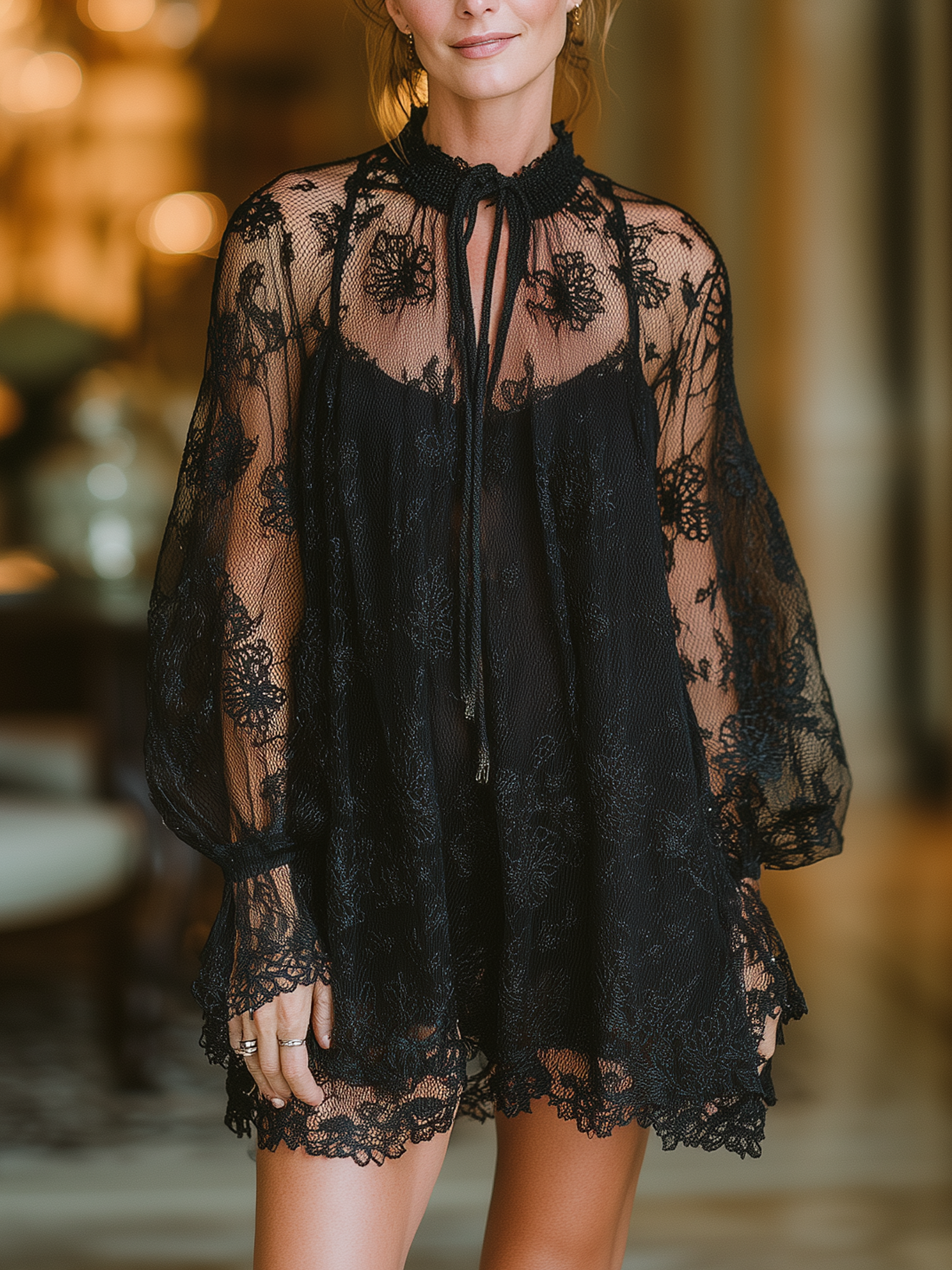 Elegant Black Lace Mini Dress With Sheer Long Sleeves & Tie Neck