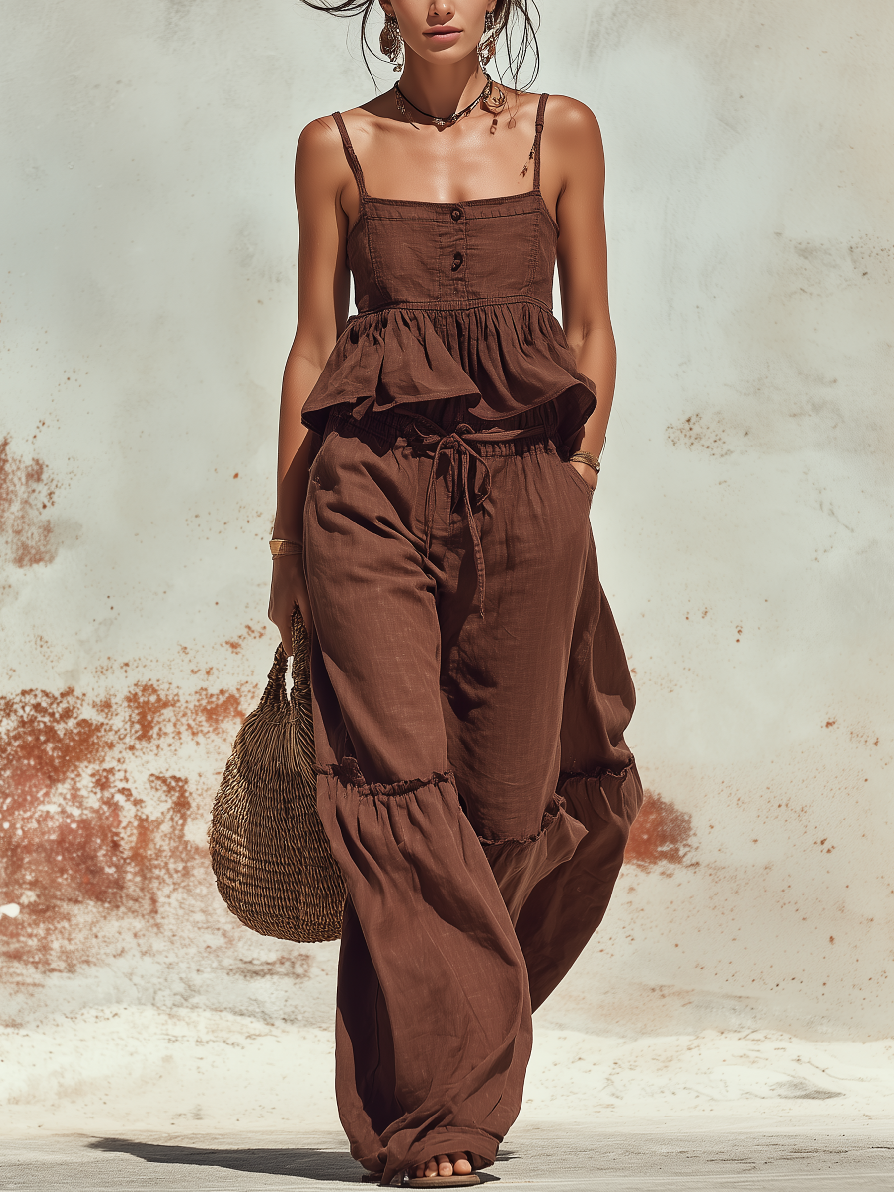 Ruffle Camisole Tiered Wide-Leg Denim Two-Piece Set