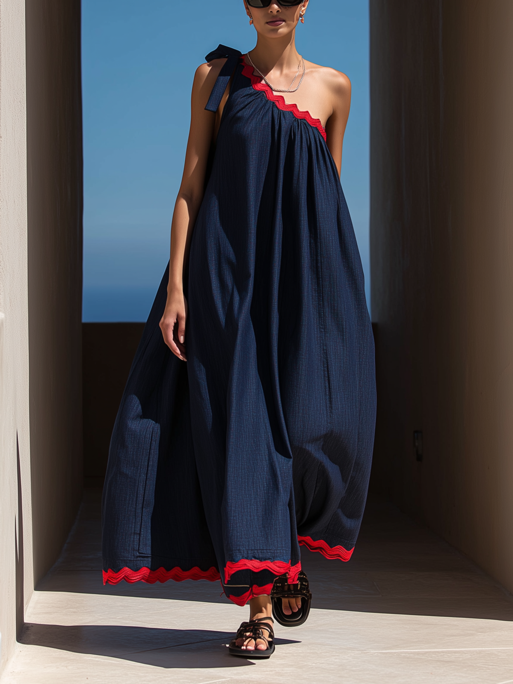 Midnight Blue One-Shoulder Denim Maxi Dress With Red Trim