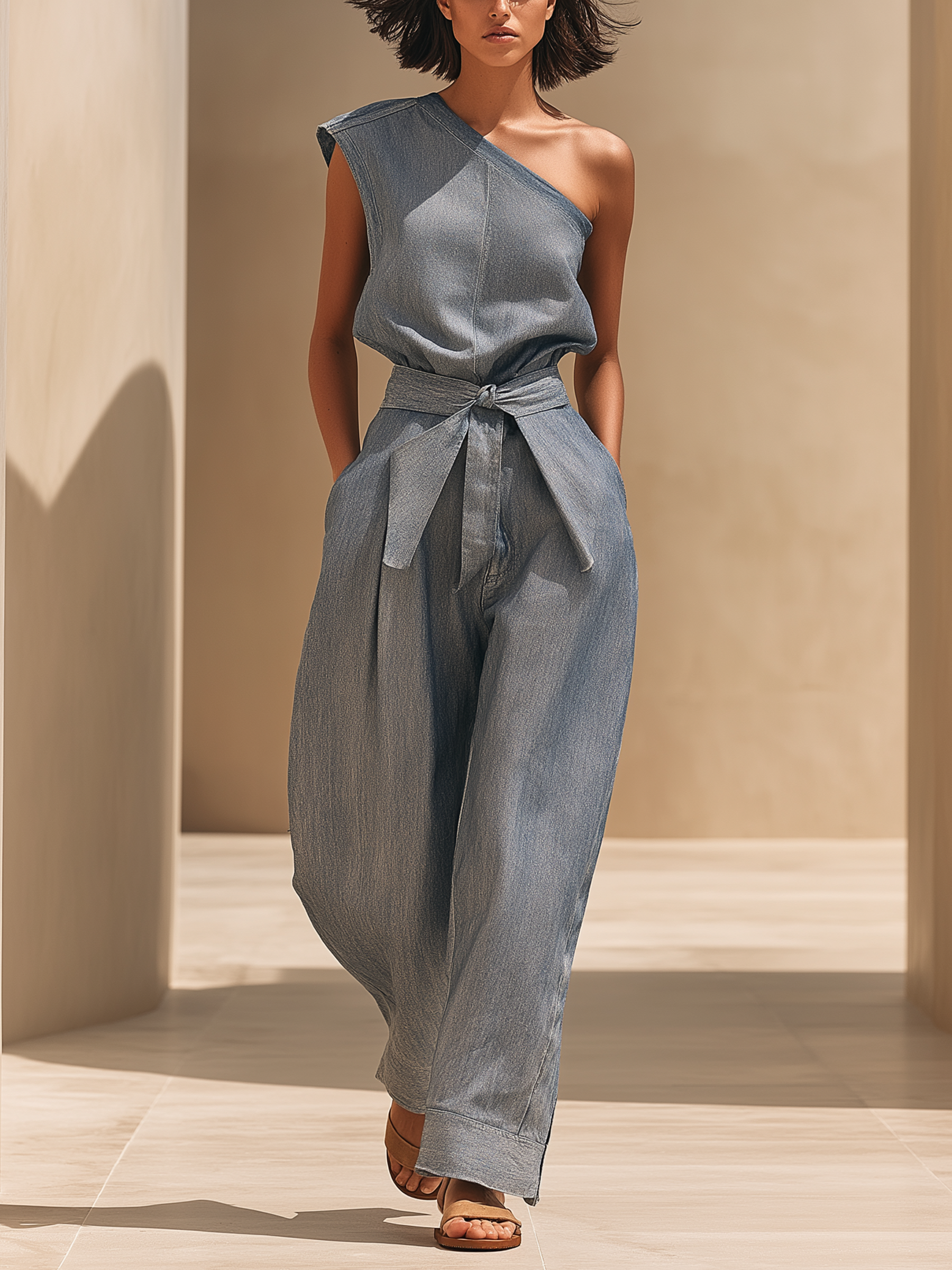 One-Shoulder Belted Wide-Leg Jumpsuit