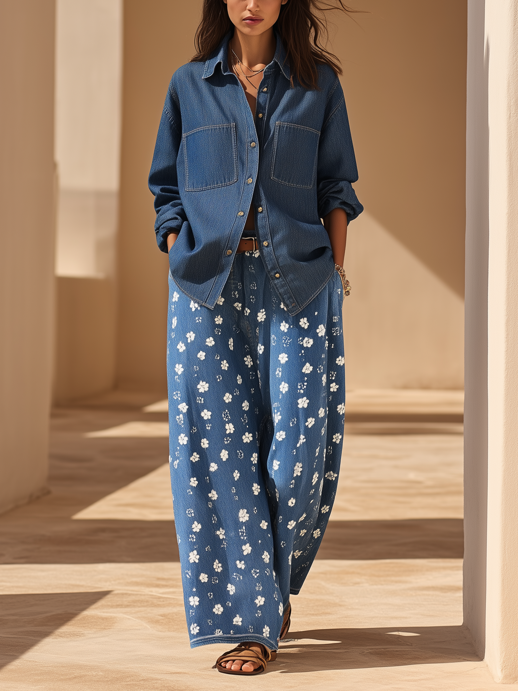 Mid Blue Oversized Denim Shirt & Floral Print Wide-Leg Pants Set