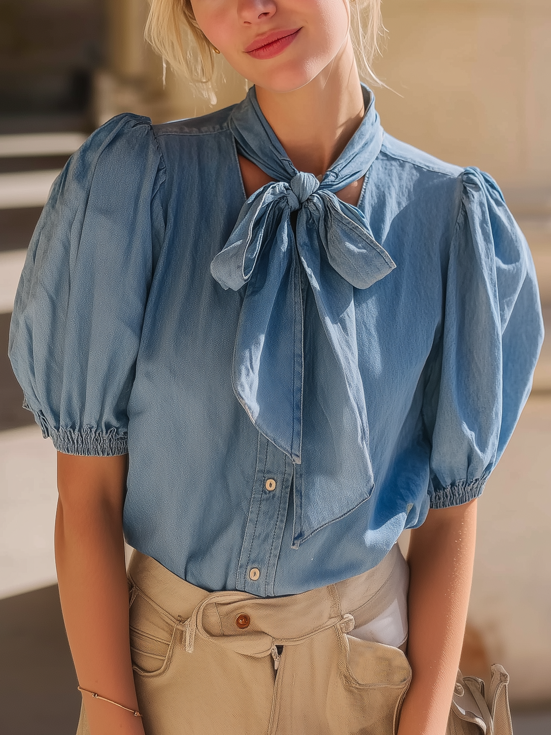 Light Wash Denim Puff Sleeve Blouse With Neck Tie