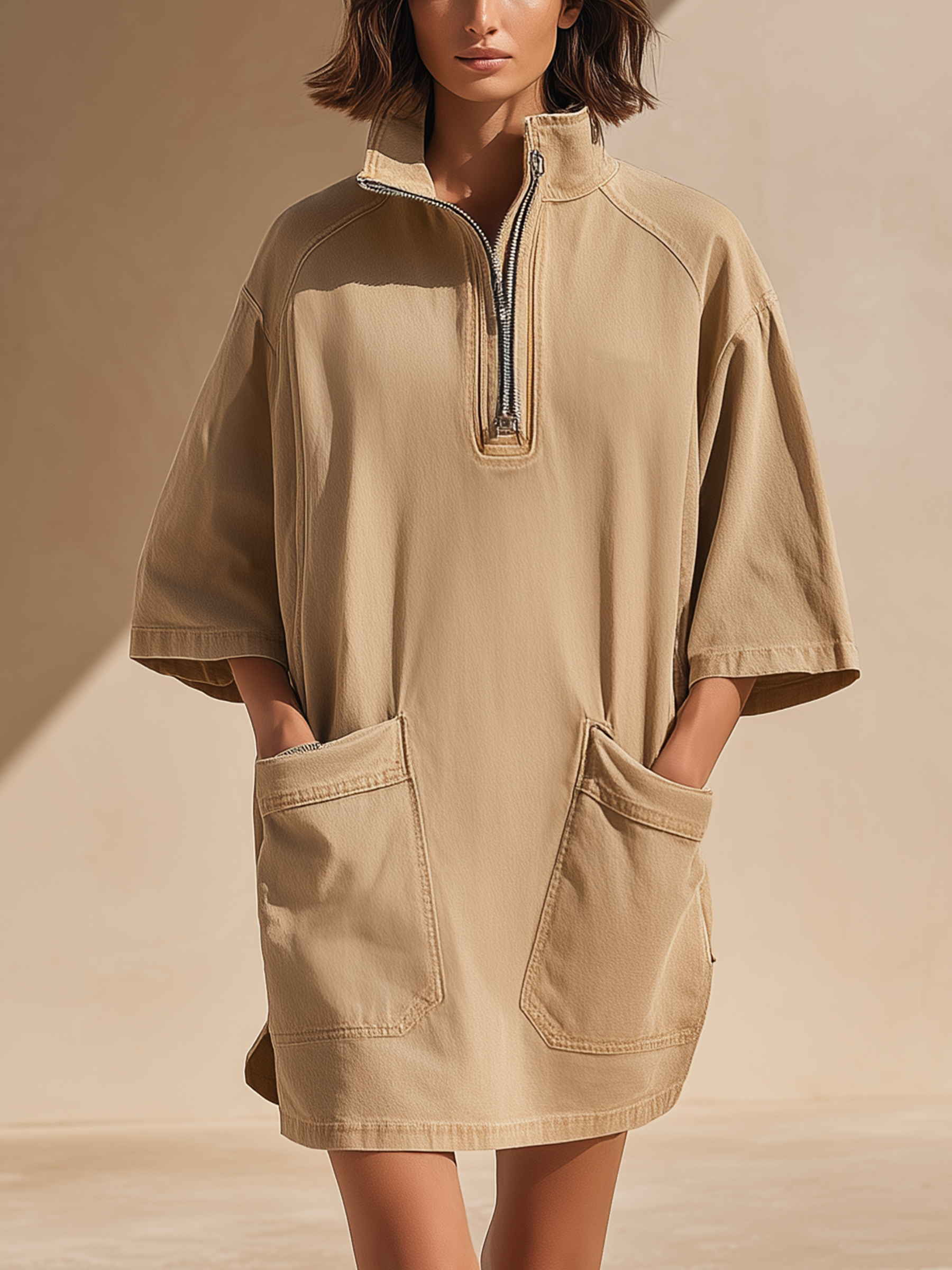 Half-Zip Patch Pocket Denim Mini Dress