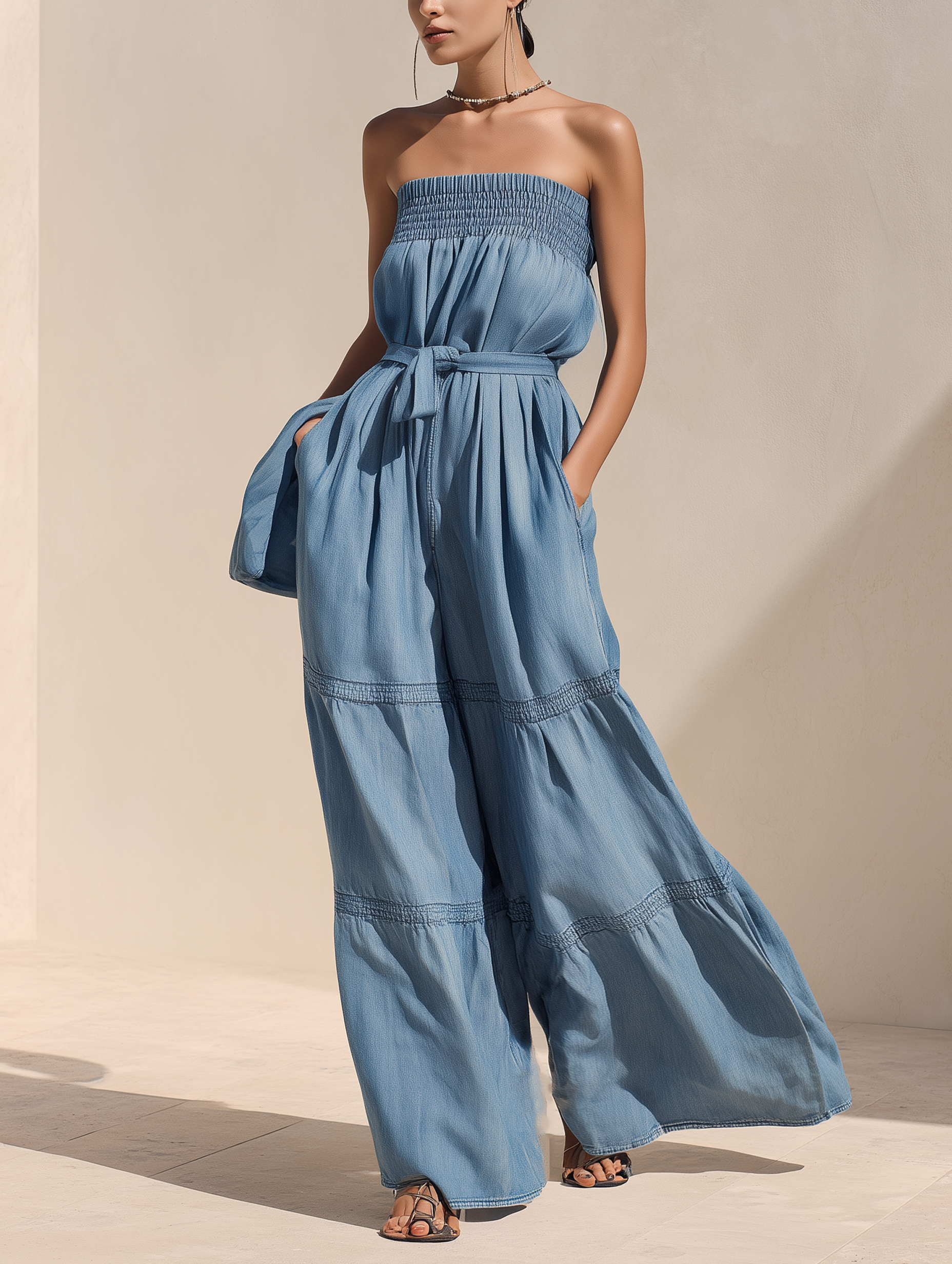 Strapless Tiered Smocked Denim Jumpsuit