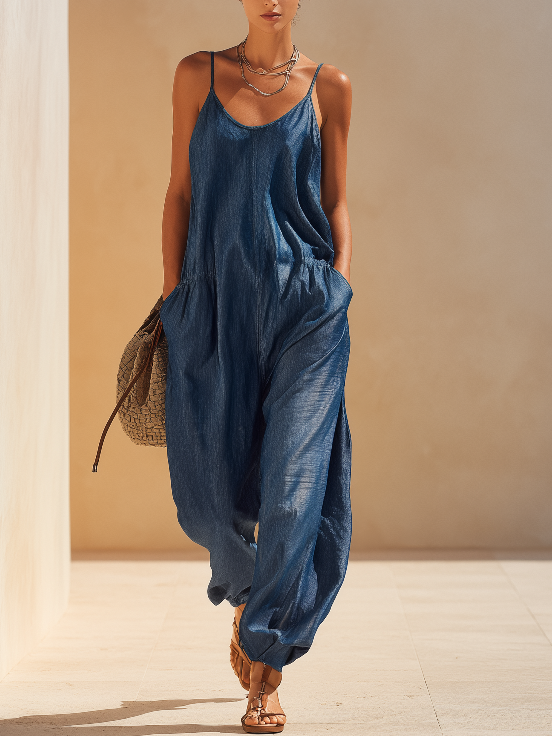 Spaghetti Strap Gathered Waist Denim Jumpsuit