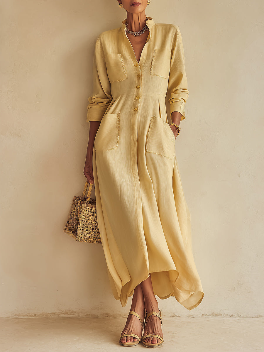 Stand-Collar Cotton-Linen Maxi Dress With Patch Pockets