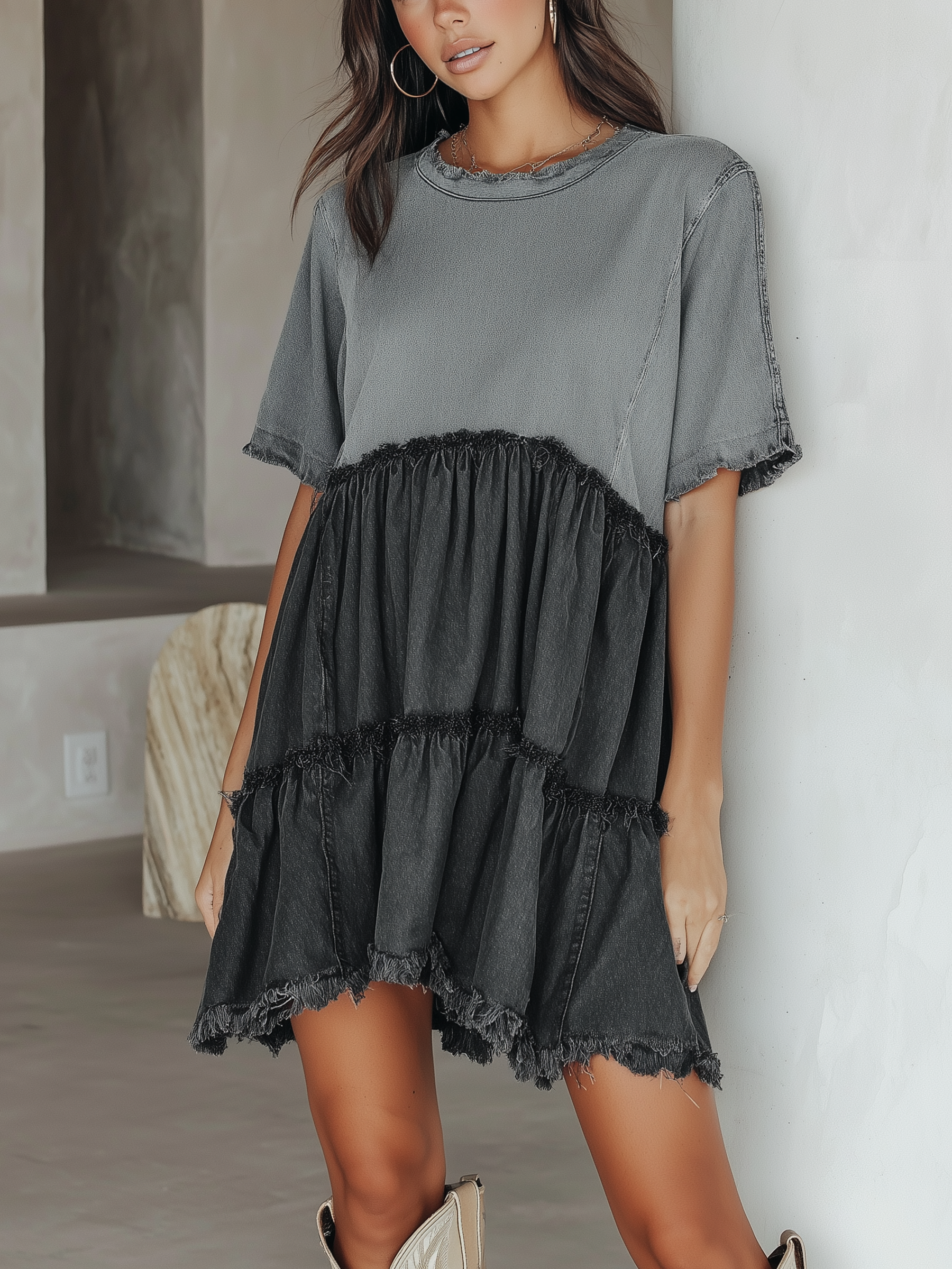 Frayed Tiered Denim Mini Dress