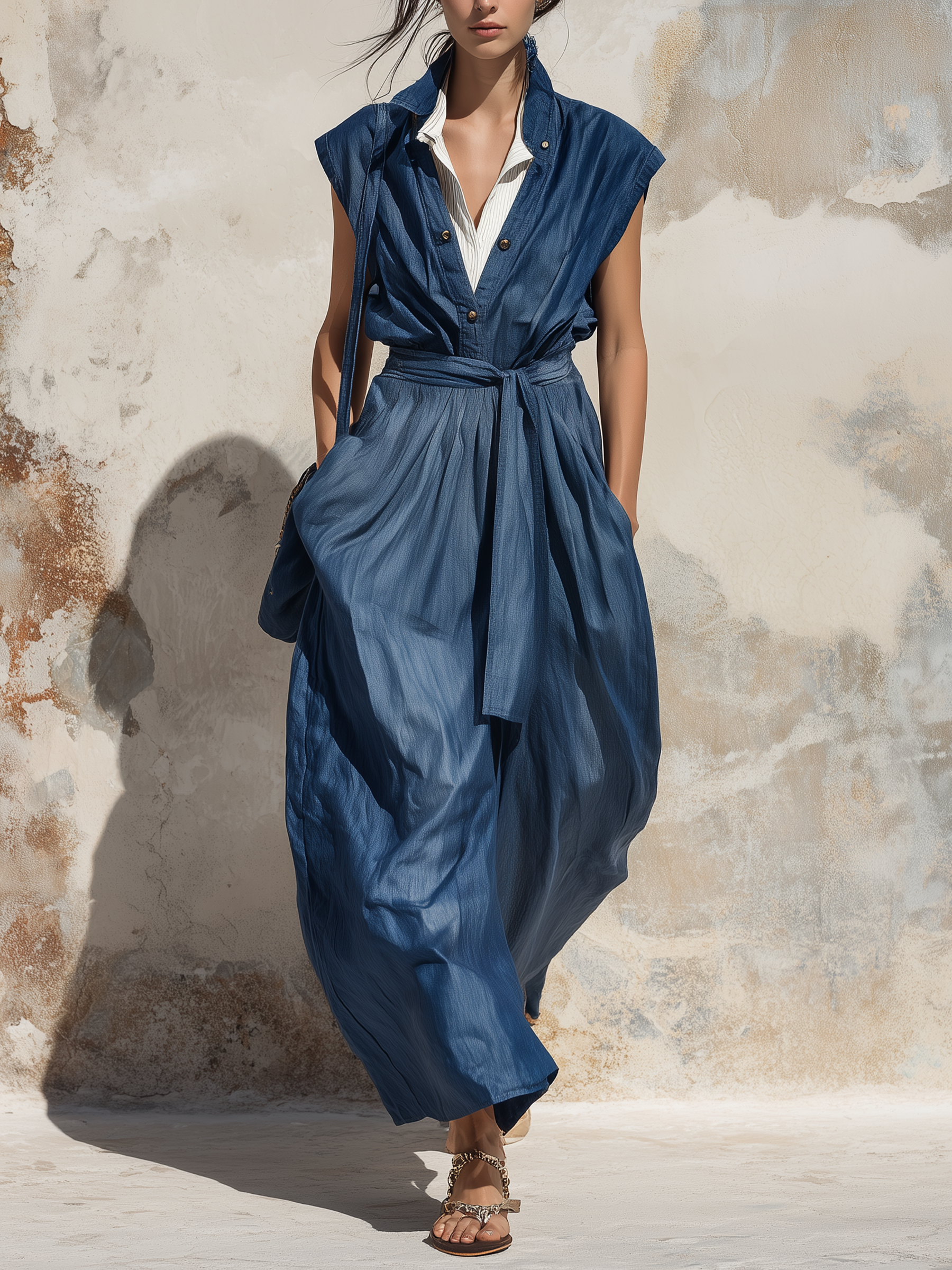 Sleeveless Stand Collar Belted Denim Maxi Dress