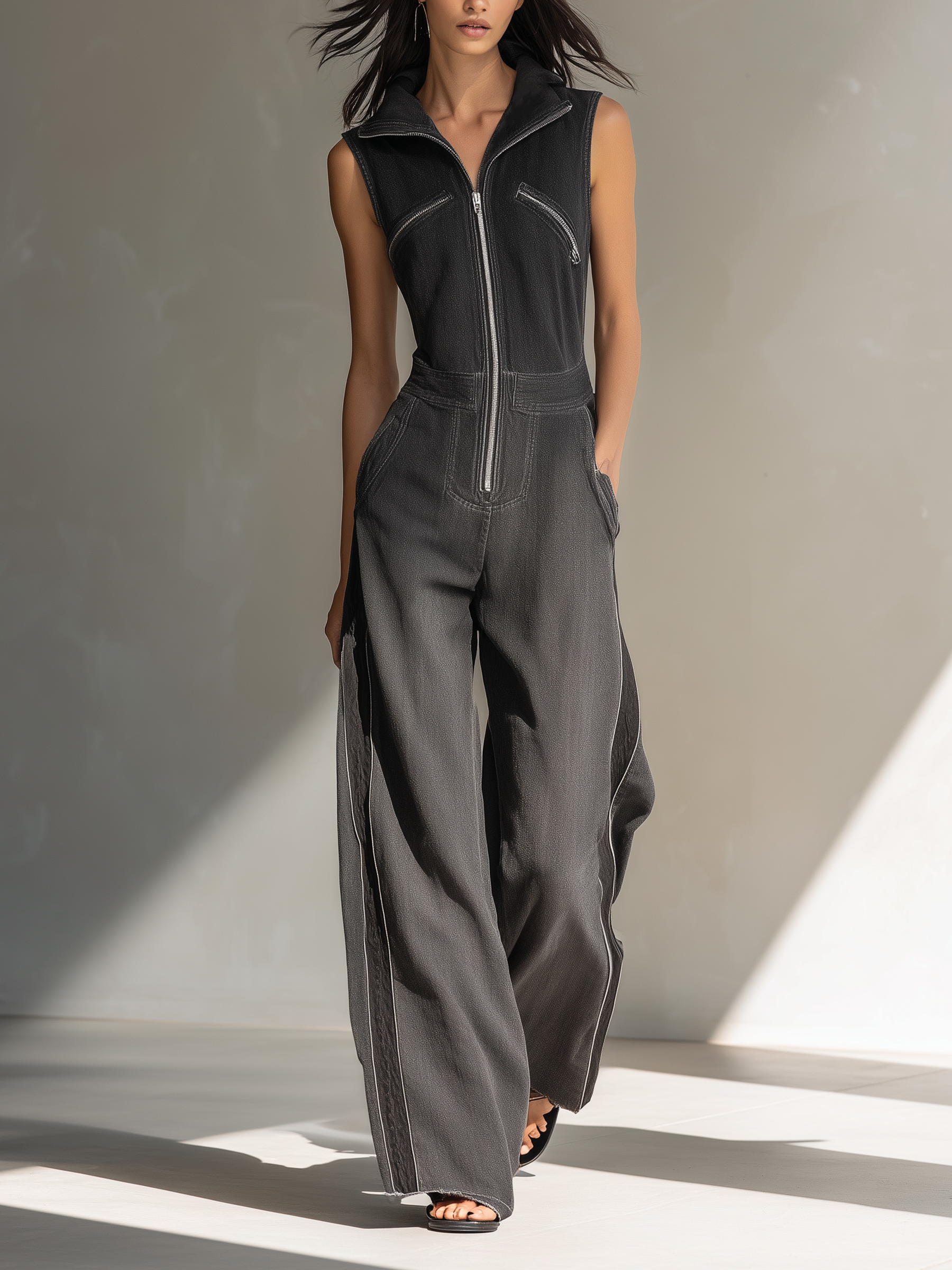 Black & Grey Contrast Stitch Sleeveless Denim Jumpsuit