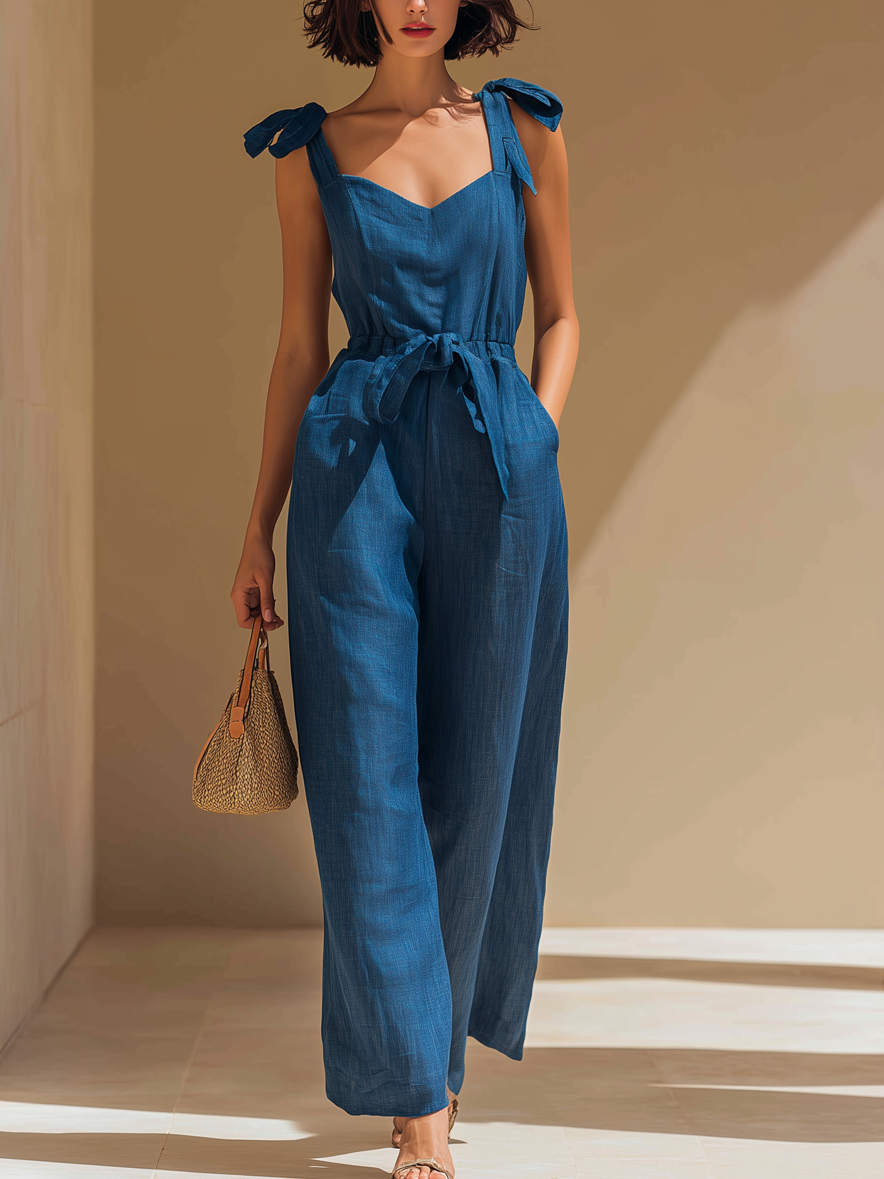 Tie-Shoulder Drawstring Waist Tencel Denim Wide-Leg Jumpsuit