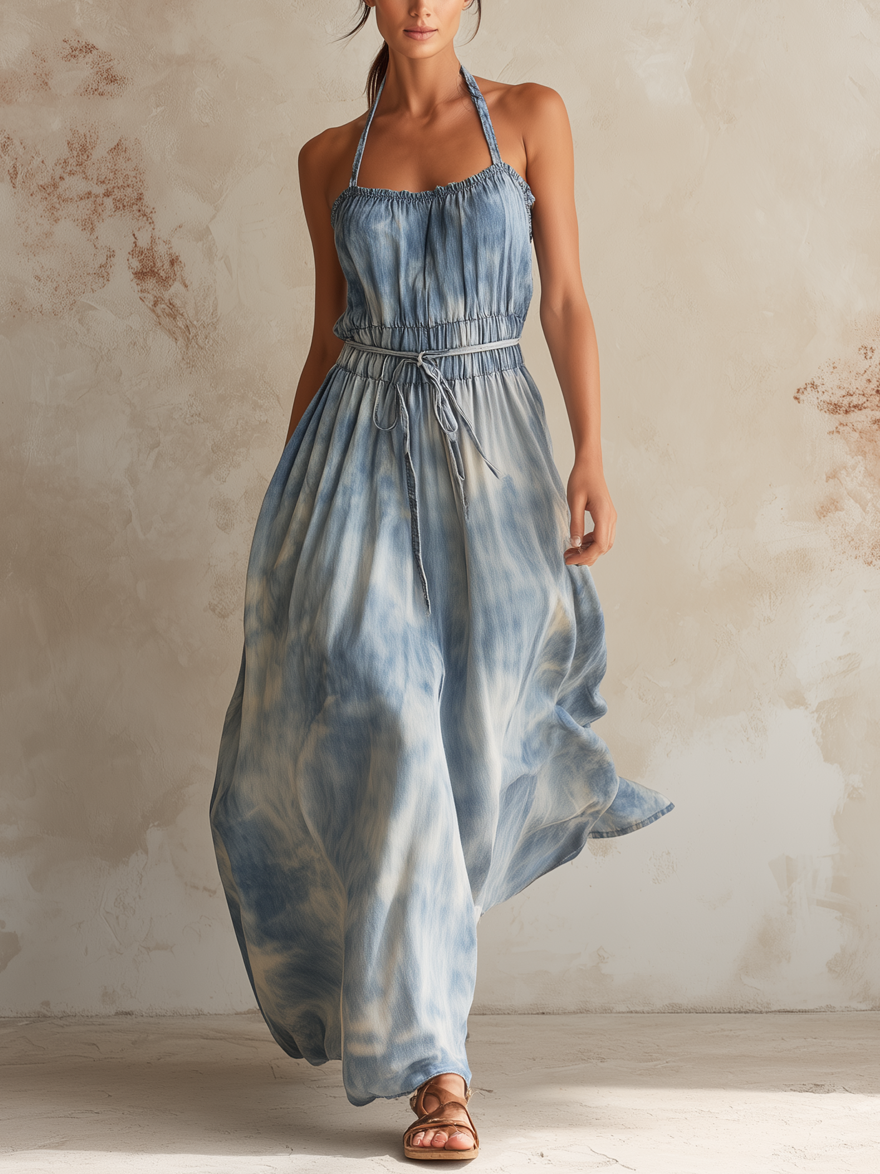 Washed Denim Halter Maxi Dress With Elastic Waist